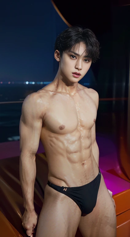 man:1.5,1 man,thief man,(((1man))),((man with stylish short hair)),
(((1male,man:1.5,handsome man,male,male gender:1.5,male focus))),macho man,
((short red hair,detailed hair,highly detailed hair,red hair,dyed interior hair,colored inner hair)),(((lustrous skin:1.5,tanned skin,bright skin: 1.5,skin tanned,shiny skin,very shiny skin,shiny body,illuminated skin))),(((orange_eyes:1.2))),intricate eyes,beautiful detailed eyes,symmetrical eyes,((man chest)),handsome face,((muscular)),(((detailed face))),
alluring look,nsfw,
(((bare chest))),(super thigh latex micro thong), wet body. Full length shot(fls). , thick thighs , wide hips
(dynamic pose:1.0),solo focus,((evil smile,evil look)),(centered,scale to fit dimensions,Rule of thirds),
cyberpunk city by the ocean at night, with bright neon signs and dark stormy clouds and puddles, scenery:1.25,nighttime, starry night, cosmos,Very dark night that makes the neon lights stand out, very bright neon lights,nighttime, starry night, cosmos,
highres, sharp focus, (ultra detailed, extremely detailed), (photorealistic artwork:1.37),(extremely detailed CG unity 8k wallpaper),((synthwave background theme)),(((vibrant colors))),(intricate background),(masterpiece),(best quality), phat chest , super hot boy , sexy , ((mingyu )), handsome kpop idol looking , masculine. , bodybuilder