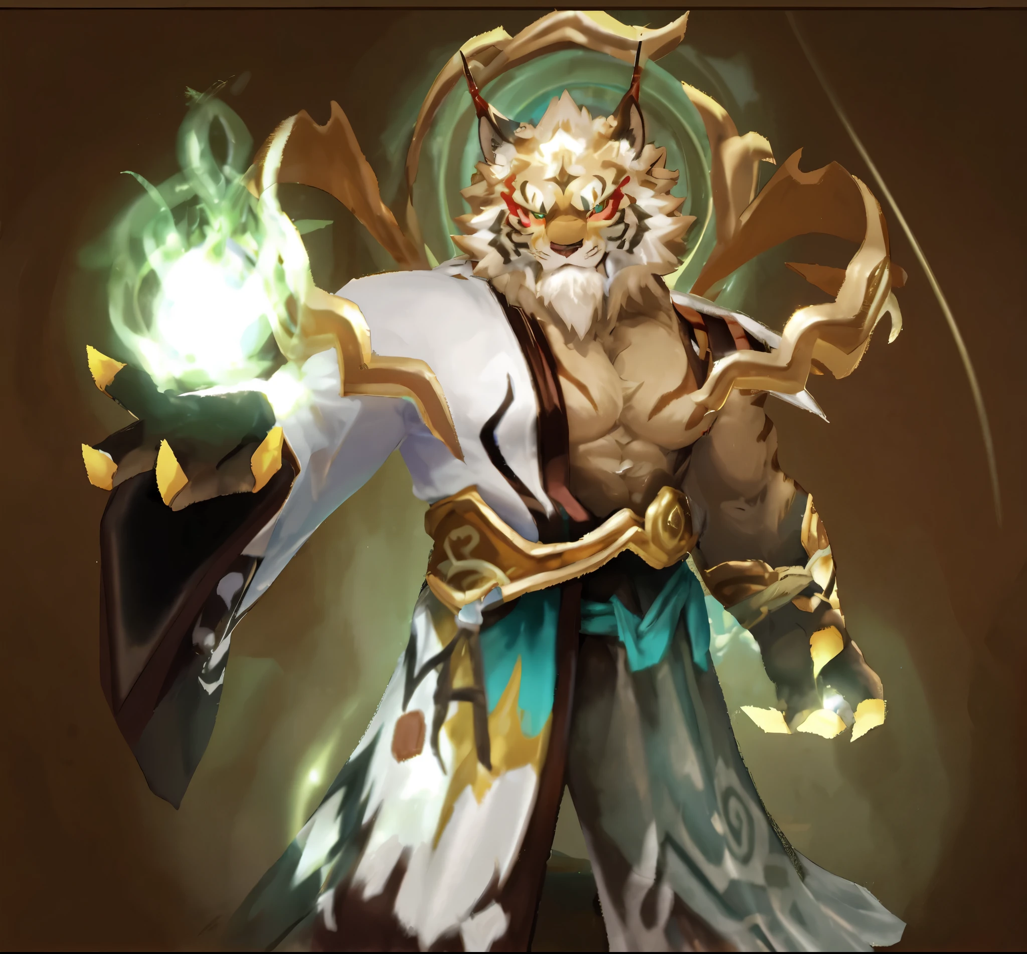 a close up of a elder tiger with a green light in its hand, onmyoji detailed art, inspired by Huang Shen, sun wukong, onmyoji, wukong, desert fighter ancient mage, heise jinyao, inspired by Du Jin, tabaxi monk, taoist priest, inspired by Hu Zaobin, inspired by Li Kan, huge crotch, veins, fluffy chest, Sexybody, muscular, anthropomorphic, extra detailed body, detailed body, Best quality, masterpiece, ultra high res,detailed background,realistic, real shadow and light, depth of field, (looking at viewer), Elder tiger.