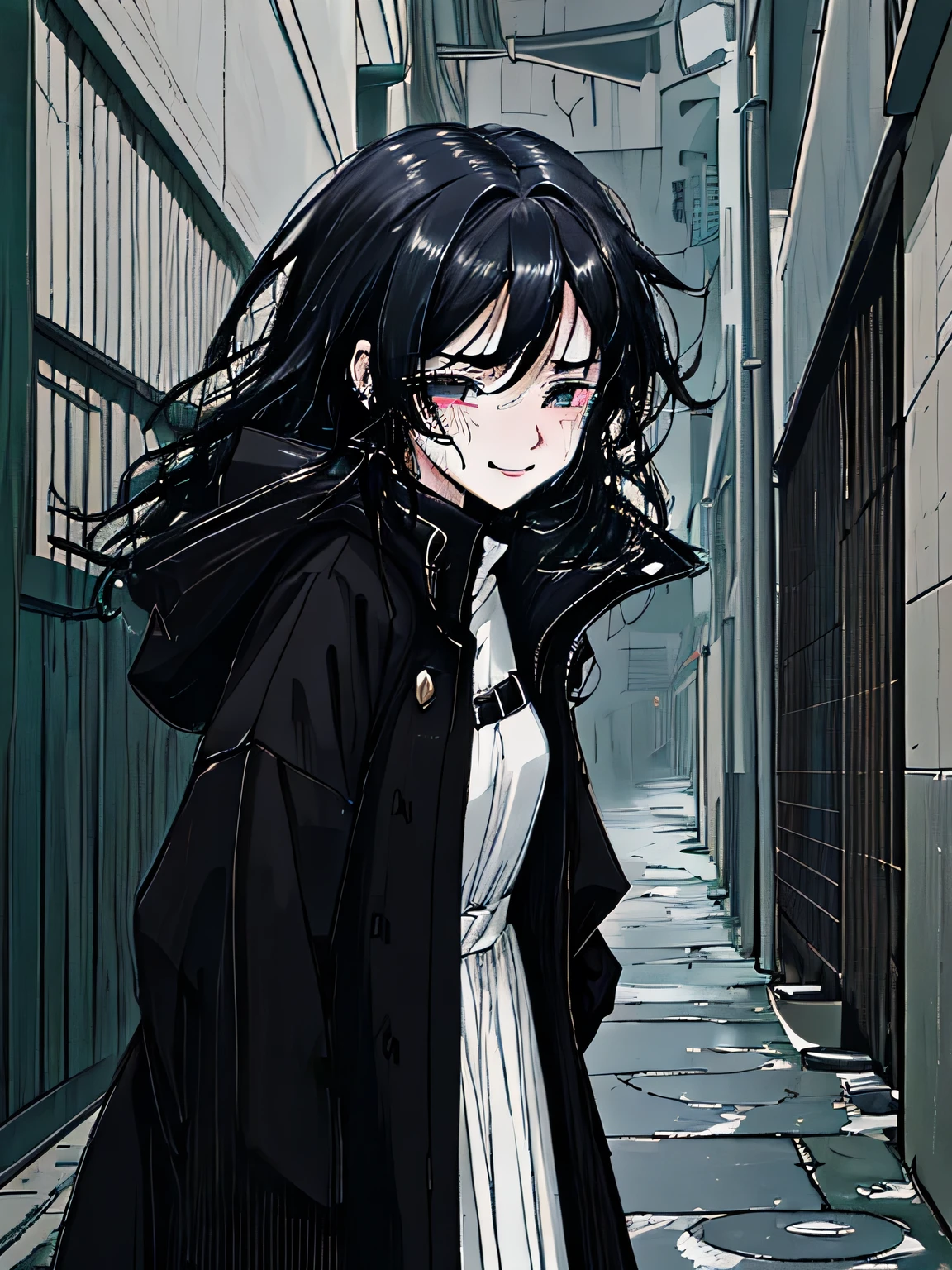 Anime girl ,Black hair, black eye , sad mood, Black coat, tears, alley background,  cute smile,