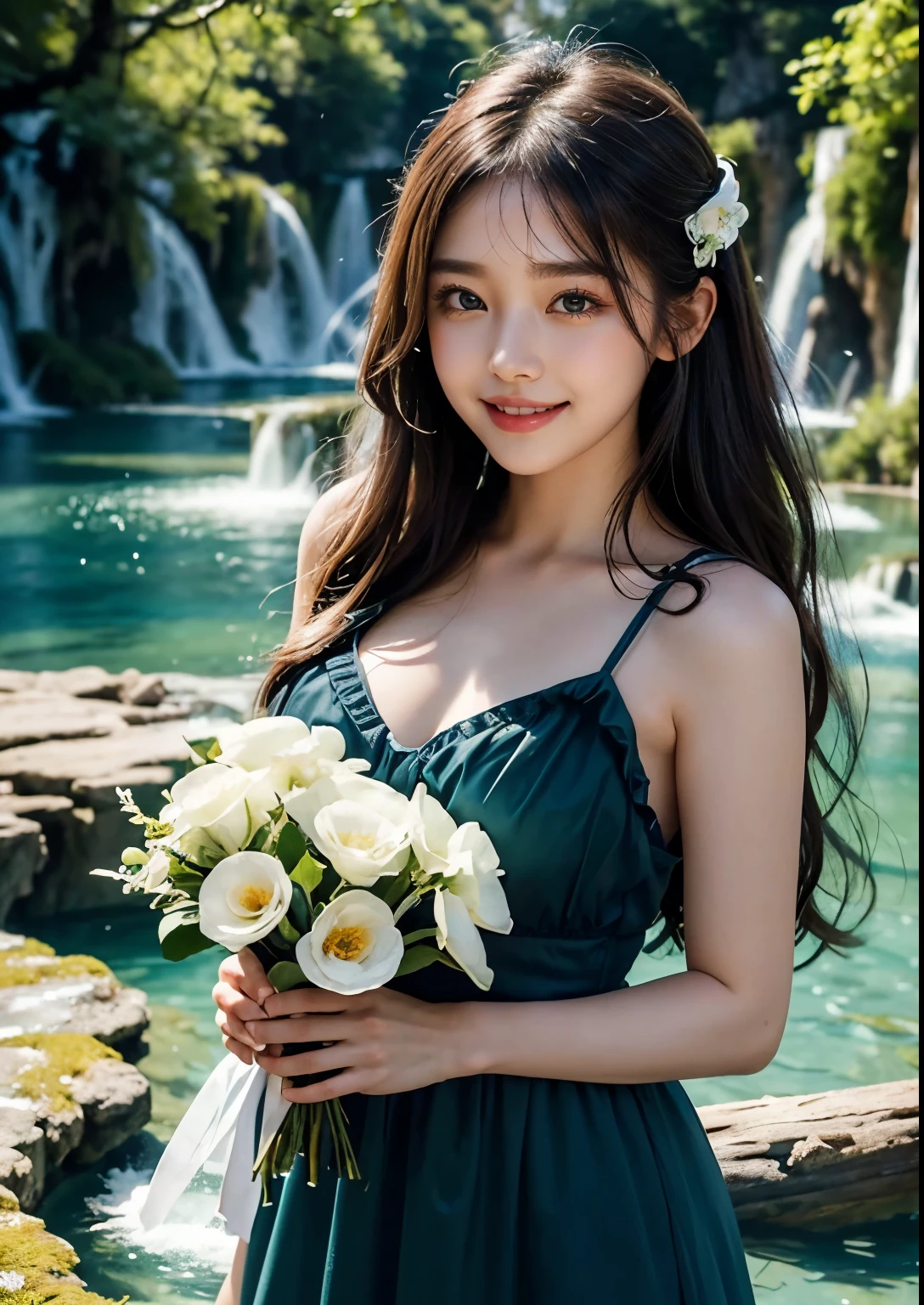 best quality,4k,8k,highres,masterpiece:1.2,ultra-detailed,realistic:1.37,portraits,colorful,soft light,Korean girl, ((Plitvice Waterfalls, Croatia)), flowing hair,beautiful detailed eyes,beautiful detailed lips,longeyelashes,natural beauty,fresh and vibrant, (Chiffon Flower Frill Ruffle Uncut String Ribbon Shirring V- V-Neck Mini Dress Navy), holding a bouquet of flowers,pure happiness,Australian wilderness,serene atmosphere,cascading water,emerald green,refreshing mist,peaceful retreat,harmony with nature,sunset silhouette,enchanting scenery,romantic mood,((smile:1.2)),