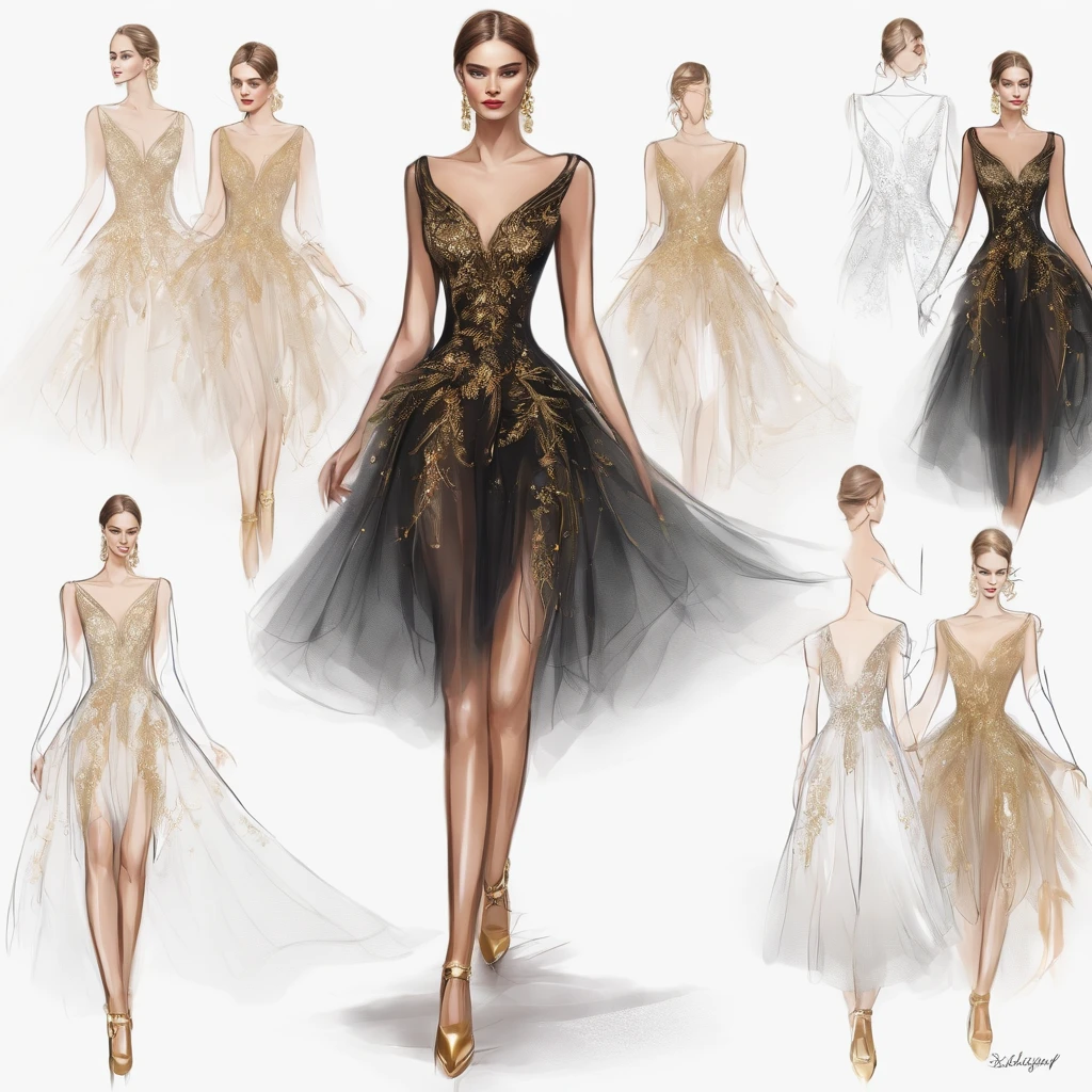 (best quality,realistic), (fashion croquis),(artistic skating), (black,elegant,fitting) dress with (V-neck,tulle), (golden) details at the ends of the dress and a (transparent) wing that goes from the neck to the waist and is attached to the wrist. (Sketch)
