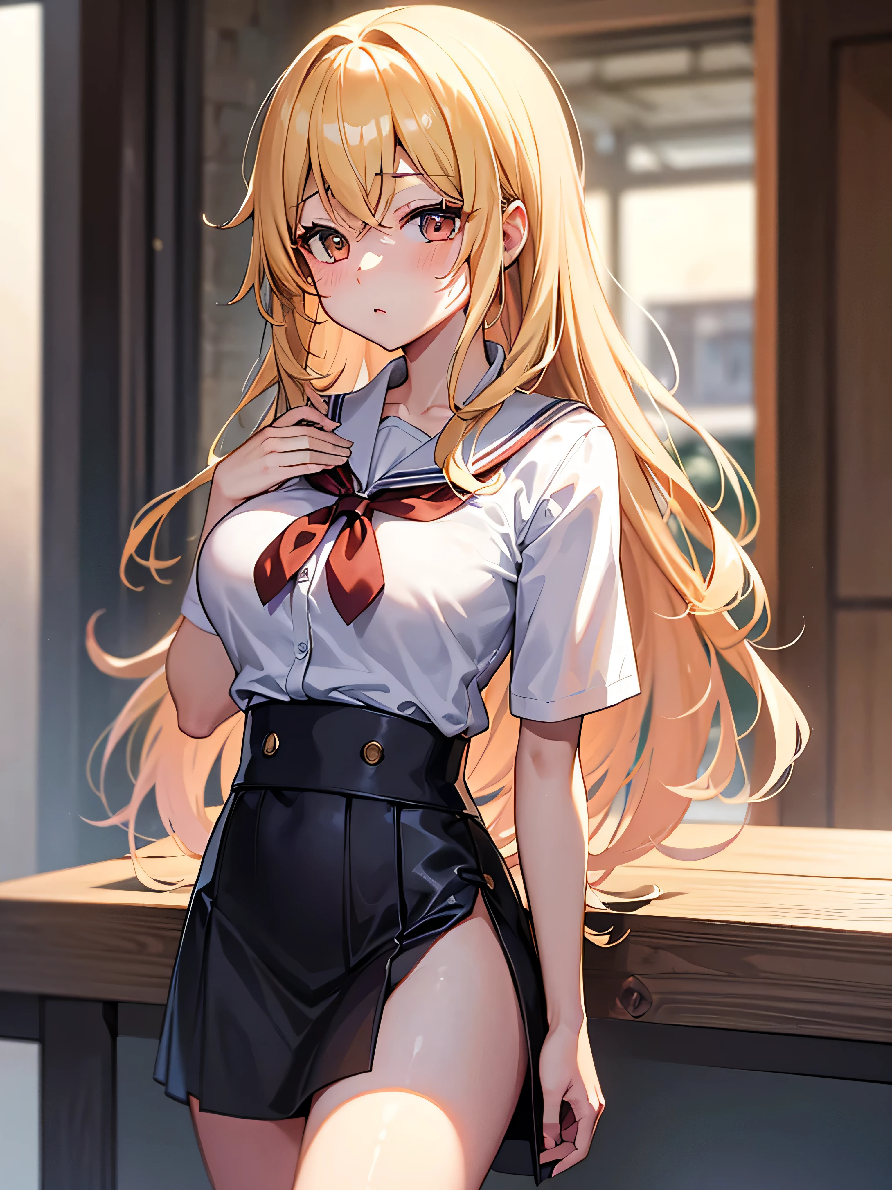 slim legs, happy, cleavage, short skirt, navel, blue eyes, , thigh high socks, stand, classroom, blonde hair, long hair, skindentation