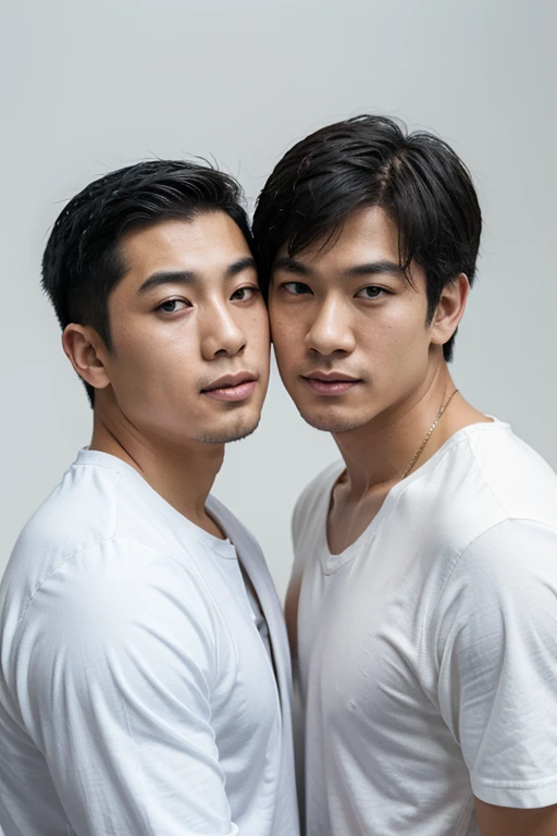 2 ASIAN GUYS, Full Frame, Professional Lighting, white Background, kiss, water color