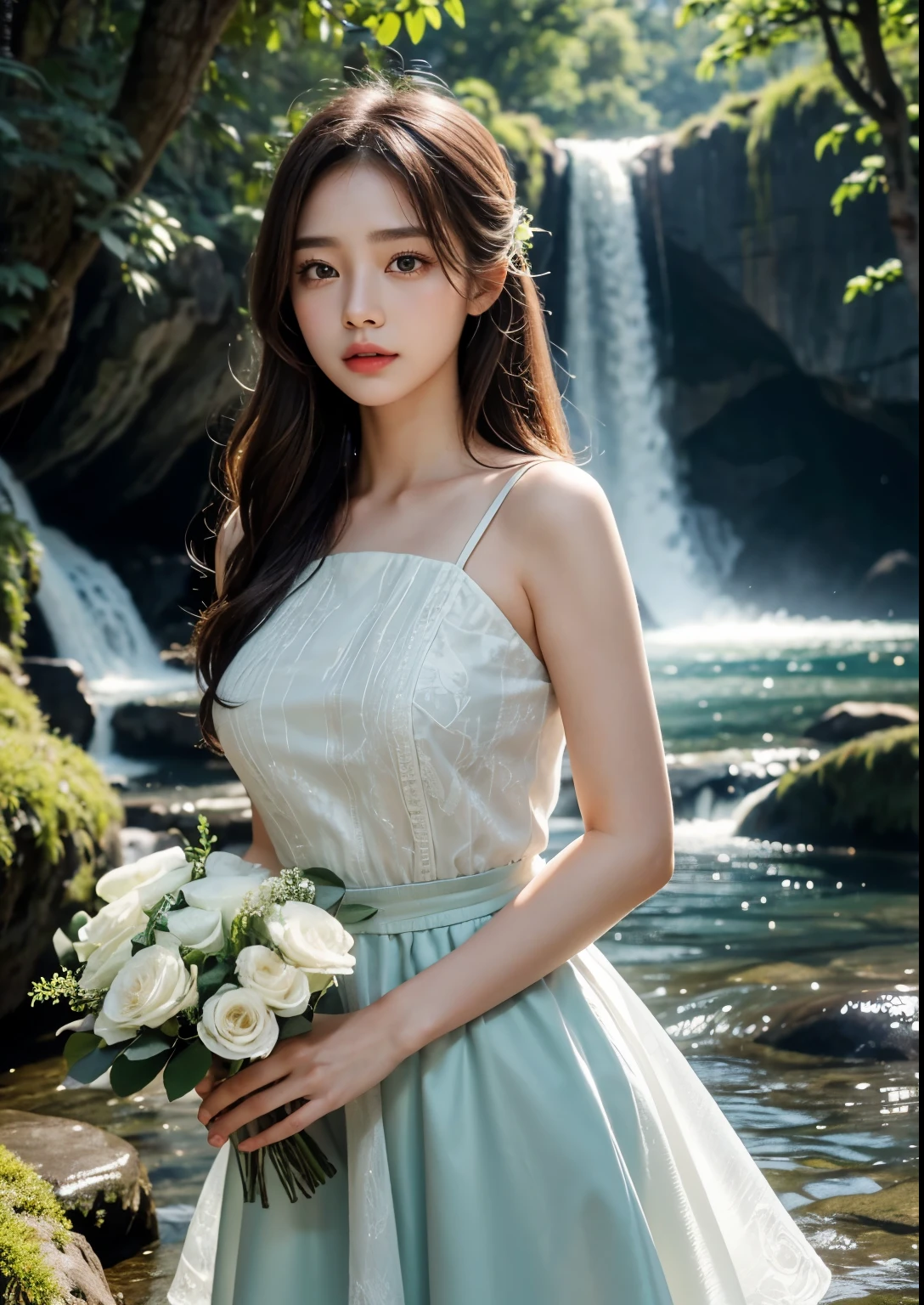 best quality,4k,8k,highres,masterpiece:1.2,ultra-detailed,realistic:1.37,portraits,colorful,soft light,Korean girl,Victoria waterfalls,flowing hair,beautiful detailed eyes,beautiful detailed lips,longeyelashes,natural beauty,fresh and vibrant, Waist Patch That Looks Narrower Y2K Sporty Kara Mini One Dress, holding a bouquet of flowers,pure happiness,Australian wilderness,serene atmosphere,cascading water,emerald green,refreshing mist,peaceful retreat,harmony with nature,sunset silhouette,enchanting scenery,romantic mood
