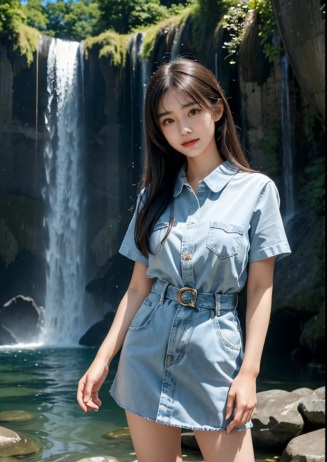 (masterpiece:1.3、high-level image quality、hightquality)、(Beautiful realistic Japan person:1.3),(perfect anatomia、Beautiful perfect limbs、Beautiful skin、Healthy body),(Japanese actressl:1.3、cute little:1.3)、(Y2K Raw seaform Banding Shirt Denim Collar Short Sleeve Mini Dress),A dark-haired、bobhair、18year old、Beautiful appearance、Engaging pose、Signs of spring, ((standing in front of Kanakai Waterfalls)), (((full view of Kanakai Waterfall))), tulip flower plants in water, every where flower plants in waterfalls, sprofessional photograpy、blows wind、The murmur of the creek、serene landscape、Tender love、Cheerful idol