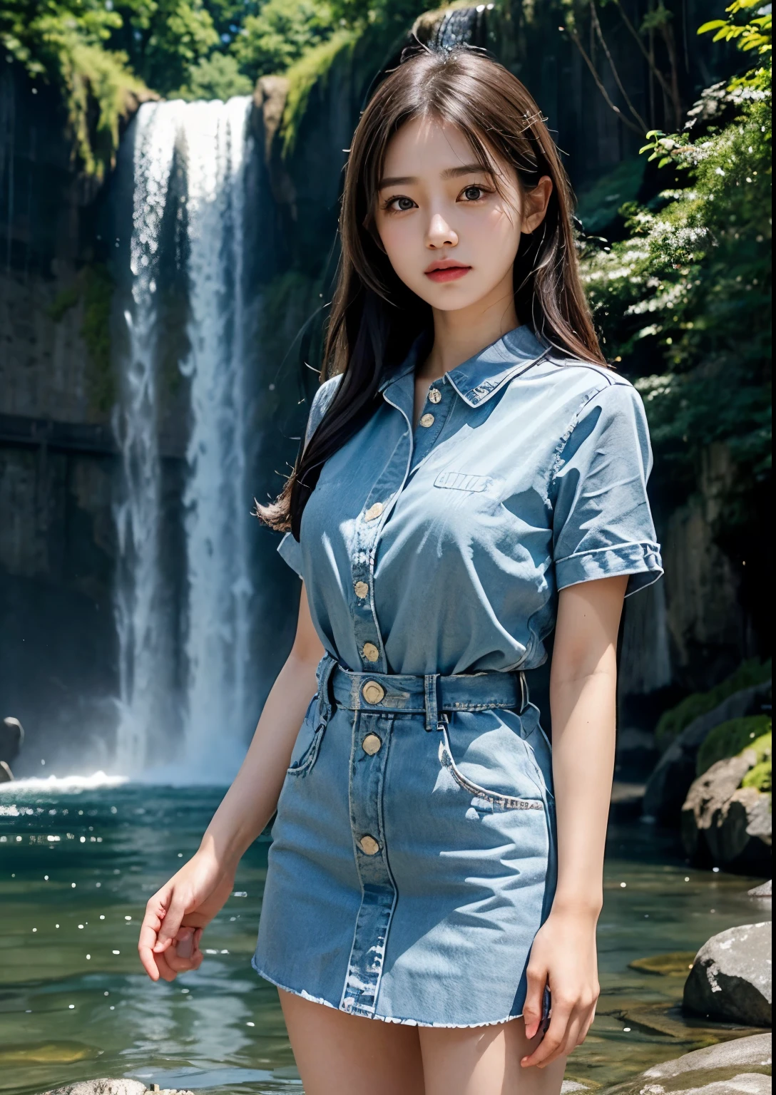 (masterpiece:1.3、high-level image quality、hightquality)、(Beautiful realistic Japan person:1.3),(perfect anatomia、Beautiful perfect limbs、Beautiful skin、Healthy body),(Japanese actressl:1.3、cute little:1.3)、(Y2K Raw seaform Banding Shirt Denim Collar Short Sleeve Mini Dress),A dark-haired、bobhair、18year old、Beautiful appearance、Engaging pose、Signs of spring, ((standing in front of Kanakai Waterfalls)), (((full view of Kanakai Waterfall))), tulip flower plants in water, every where flower plants in waterfalls, sprofessional photograpy、blows wind、The murmur of the creek、serene landscape、Tender love、Cheerful idol