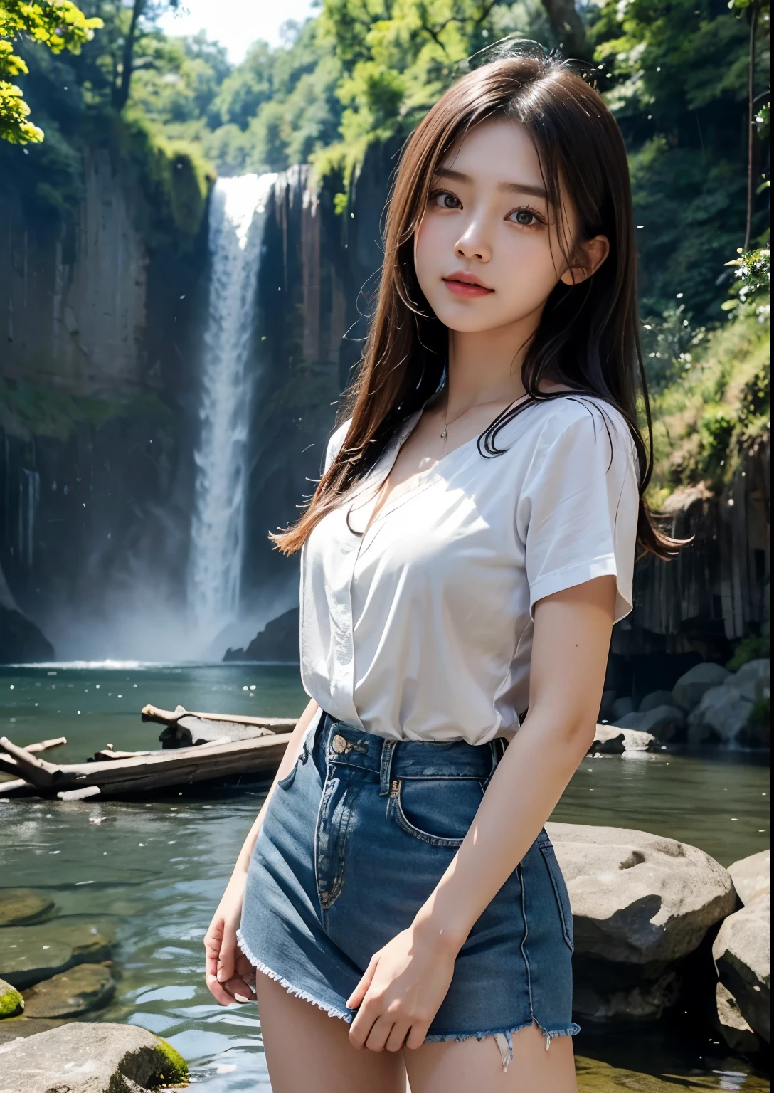 (masterpiece:1.3、high-level image quality、hightquality)、(Beautiful realistic Japan person:1.3),(perfect anatomia、Beautiful perfect limbs、Beautiful skin、Healthy body),(Japanese actressl:1.3、cute little:1.3)、(Y2K Raw seaform Banding Shirt Denim Collar Short Sleeve Mini Dress),A dark-haired、bobhair、18year old、Beautiful appearance、Engaging pose、Signs of spring, ((standing in front of Kanakai Waterfalls)), (((full view of Kanakai Waterfall))), tulip flower plants in water, every where flower plants in waterfalls, sprofessional photograpy、blows wind、The murmur of the creek、serene landscape、Tender love、Cheerful idol