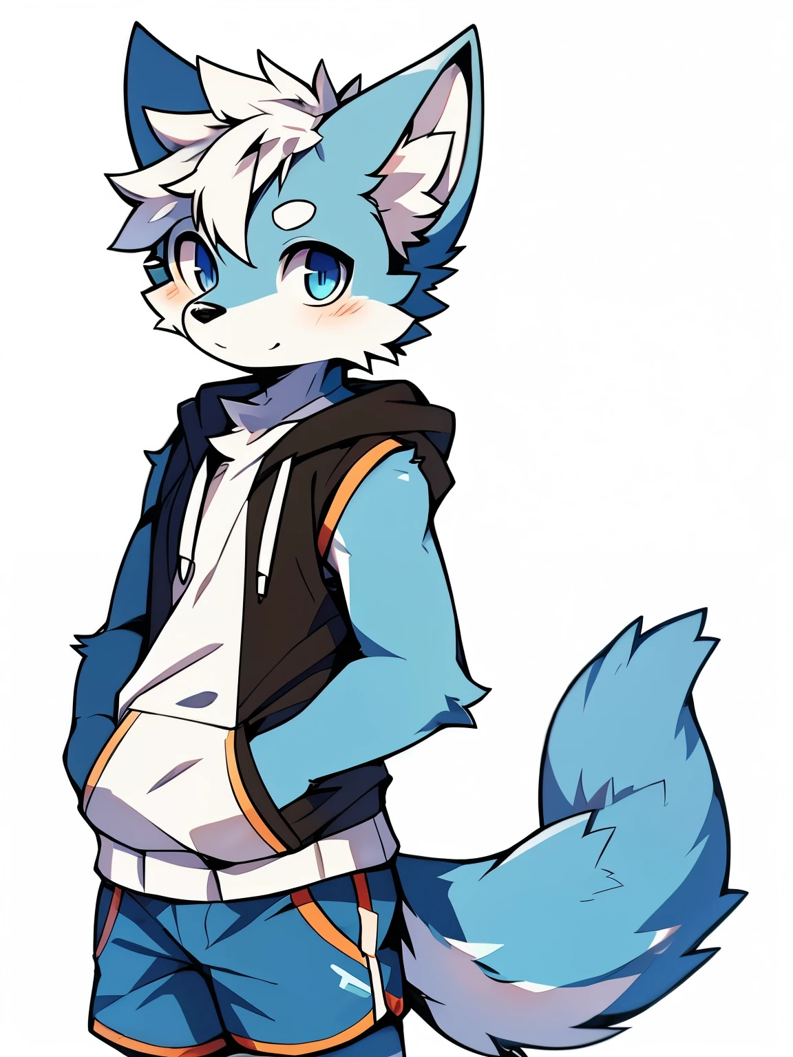 Highres, Masterpiece, Best quality at best,High-quality illustrations, Best Quality, Light blue color eyes, Furry male, shoun, White hair, Sleeveless hoodie, Blue shorts, grey ears, short detailed hair,White hair, canid, Dog boy, Simple beckground