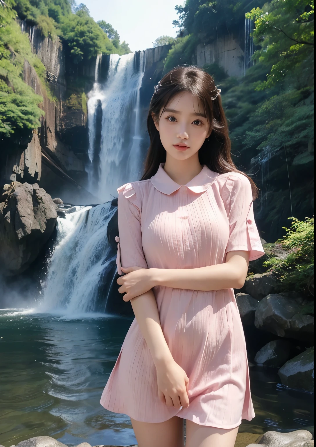 (masterpiece:1.3、high-level image quality、hightquality)、(Beautiful realistic Japan person:1.3),(perfect anatomia、Beautiful perfect limbs、Beautiful skin、Healthy body),(Japanese actressl:1.3、cute little:1.3)、(Pink Ansling Ribbed Collar Split Flare Short Sleeve Mini Dress),A dark-haired、bobhair、18year old、Beautiful appearance、Engaging pose、Signs of spring, ((standing in front of Kanakai Waterfalls)), ((full view of Kanakai Waterfall)), sprofessional photograpy、blows wind、The murmur of the creek、serene landscape、Tender love、Cheerful idol