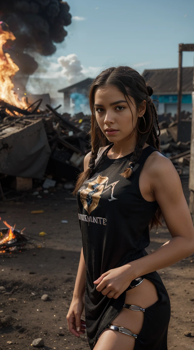 Camiseta vetorial centralizada, isometric, uma jovem, negroid, pele escura, com dreads para cabelo, she's a model, She's wearing a trendy dress, ela tem 20 anos, Her hair is on fogo, her hair is shaking in flames, assim como lina no dota 2, fogo, her hair is pure fogo, she is black, has pele escura, confiante, comandando, Robotic Landscape, 4K, High definition, ultrarealistic, realismo