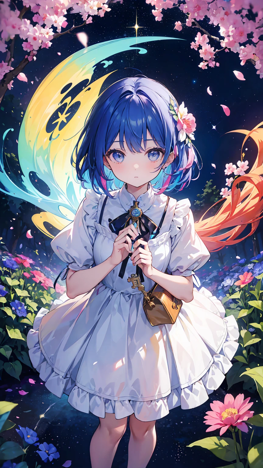 (masterpiece, best quality), (colorful:1.4), from above, solo, 1girl standing in a garden where flowers bloom in harmony with the songs of celestial beings, with a bag of petals imbued with celestial melodies and a key to unlock the gate to the stars, depth of field, fisheye lens
