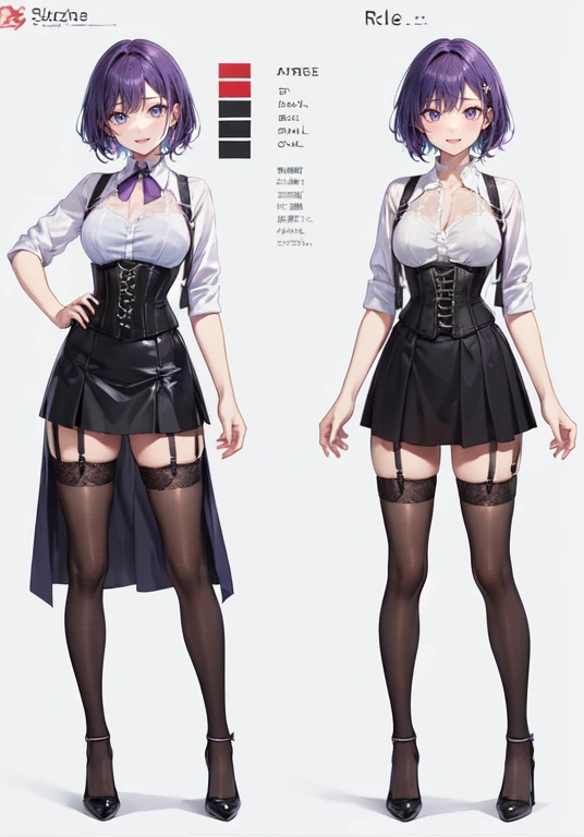 Purple Hair,Shortcuts,Adult female,(bartender),((Body Harness)),((Roll up your shirt sleeves)),(corset),(Tight Skirt),((garter belt)),(High heels),((Simple Background)),smile,((whole body)),((whole body)),Character Sheet,