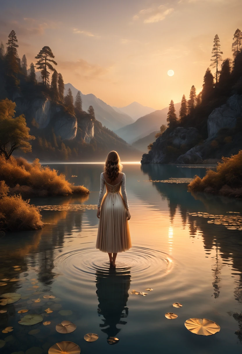 Explore the interplay between surreal calm and visual metaphor in a captivating photography composition. Set against a subtle gradient backdrop that transitions from warm golden tones to cool, muted hues, create a scene imbued with a sense of tranquility and mystery. Utilize natural lighting during the golden hour to cast a soft, dreamlike glow over the subject, enhancing the surreal atmosphere of the image. Incorporate bokeh to add a touch of magic and whimsy, inviting viewers to lose themselves in the enchanting beauty of the moment. Through visual metaphor, convey a deeper narrative that resonates with universal themes of introspection, transformation, and the passage of time, (masterpiece, best quality, Professional, perfect composition, very aesthetic, absurdres, ultra-detailed, intricate details:1.3)