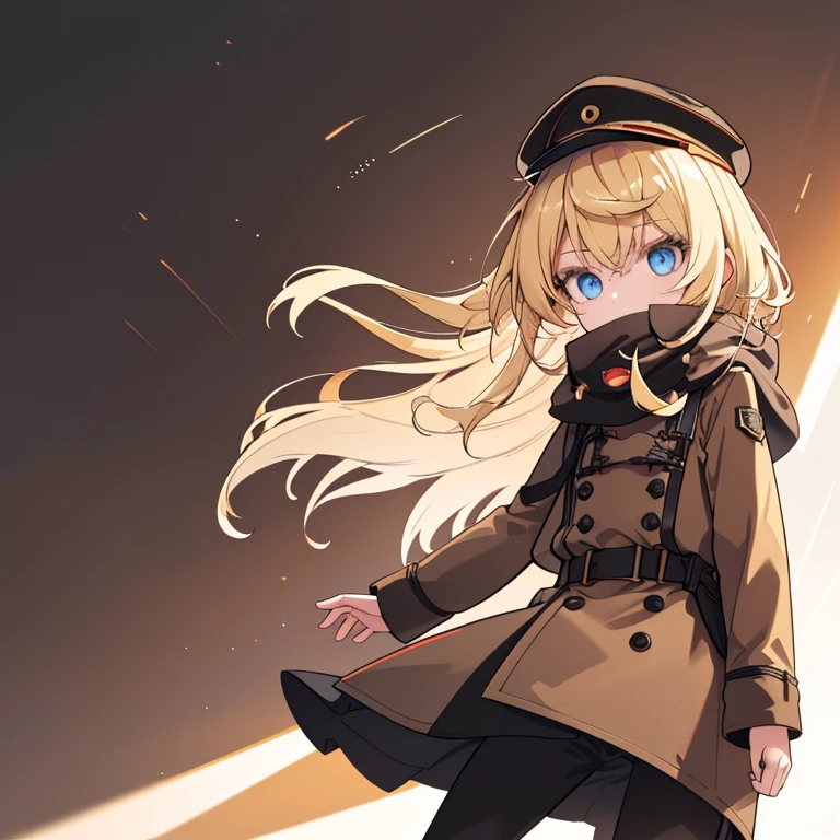 girl, Blonde hair back [(Brown coat) + (Black shoes) + (Dark brown trousers) + (Black paws) + (Brown military hat) + (Red star: 0.9)], Golden light and shadow, Desert war background, Sandstorm, Wind gusts dynamics, Bright sunlight dim background light, Full of wild sense photography angle.