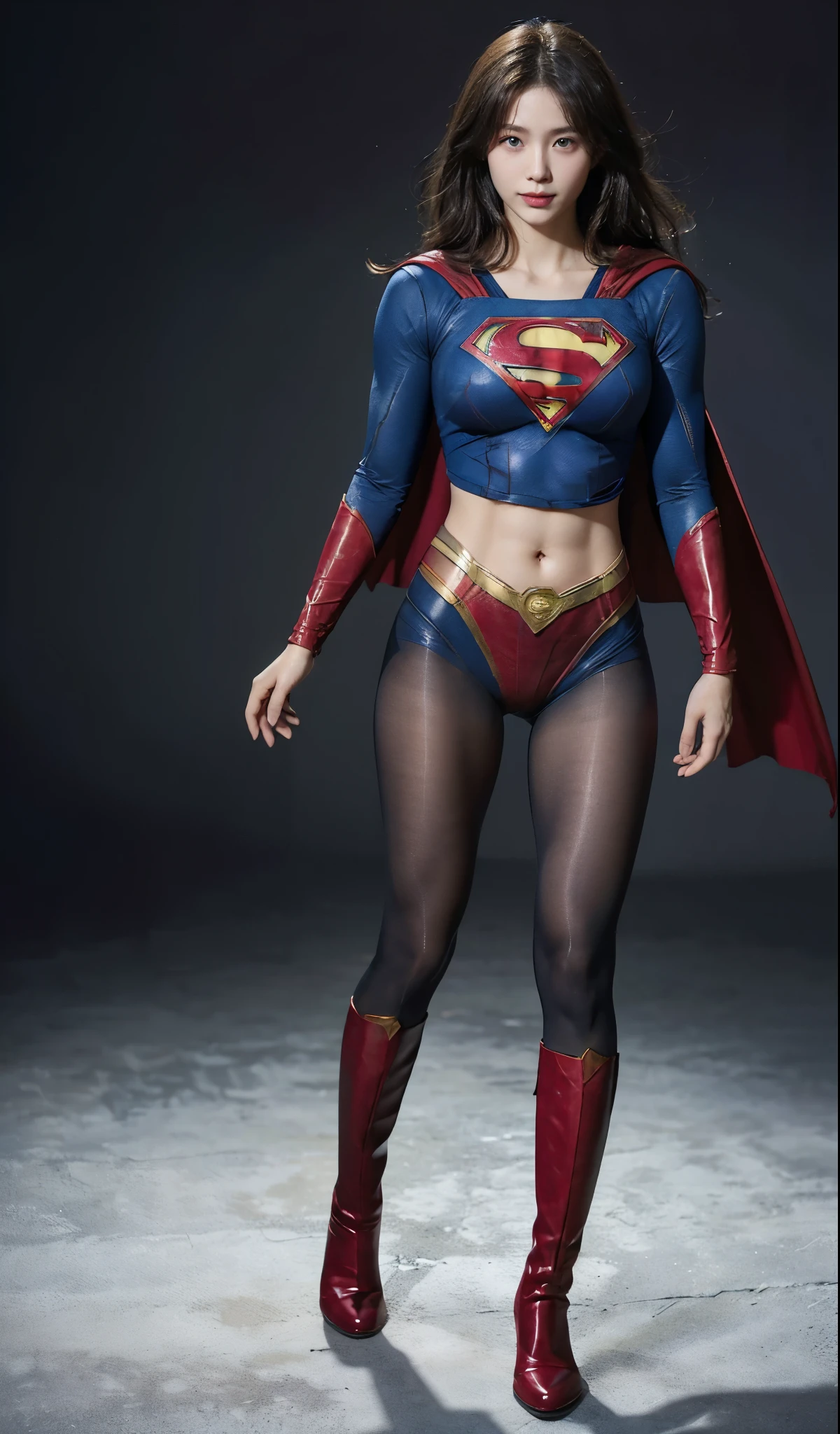 No background、(((Beautiful legs in black tights.)))、(((Legally express the beauty of your smile)))、((((Make the most of your original images)))、(((Supergirl Costume)))、(((Beautiful Hair)))、(((suffering)))、(((Please wear black tights....、Wear red boots)))、((Best image quality、8k))、((highest quality、8k、masterpiece:1.3))、(((Preserve background )))、Sharp focus:1.2、Beautiful woman with perfect figure:1.4、Slim Abs:1.2、Wet body:1.5、Highly detailed face and skin texture、8k