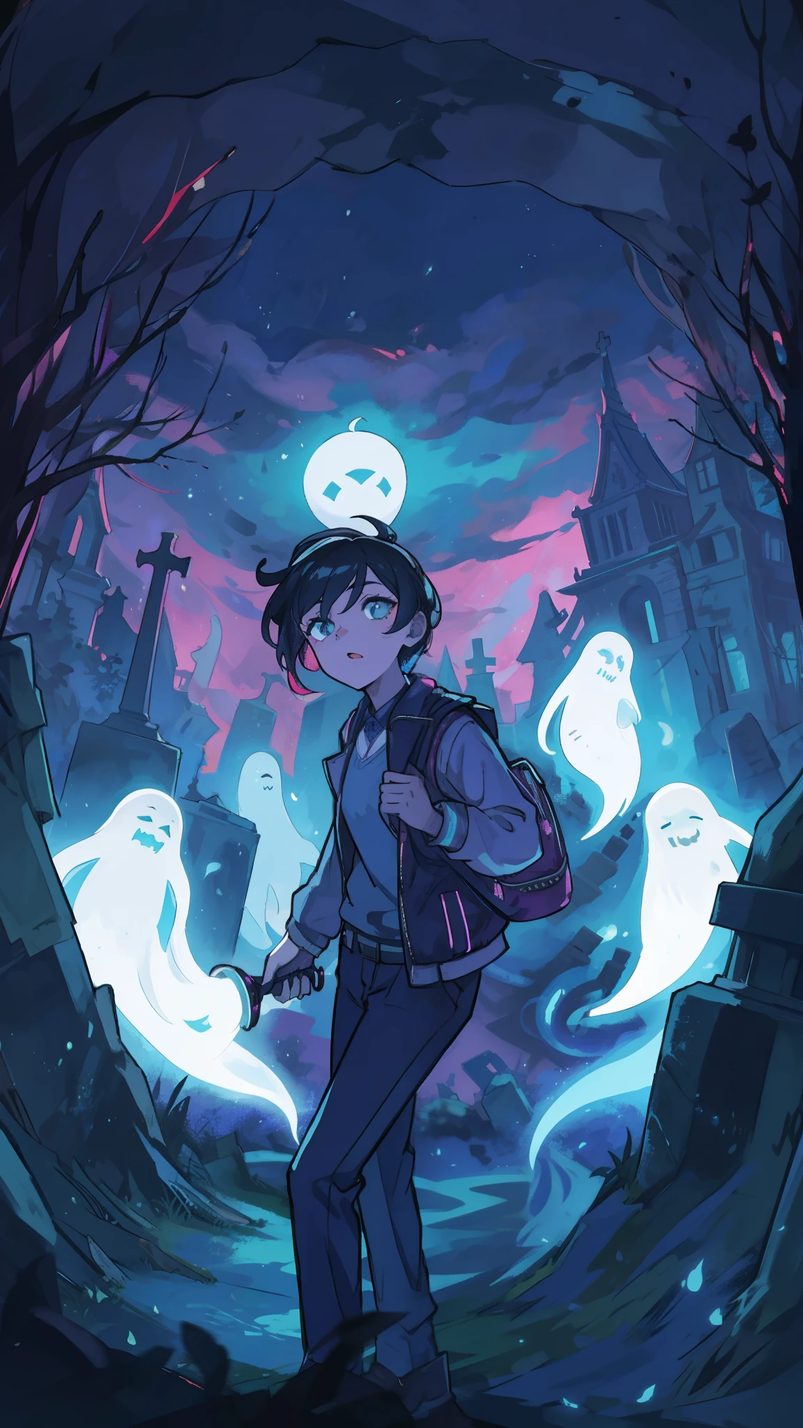 An adolescent cautiously walks through a moonlit cemetery, clutching a flashlight, while ethereal ghosts swirl around in the darkness. Spooky, eerie, dimly lit, haunted, chilling atmosphere, tachi-e, fashionable, outfit, posing, front, colorful, dynamic, background, elements, confident, expression, holding, statement, accessory, coiled, around, scene, text, cover, attention-grabbing, title, stylish, catchy, headline, larger, striking, modern, focus, fashion