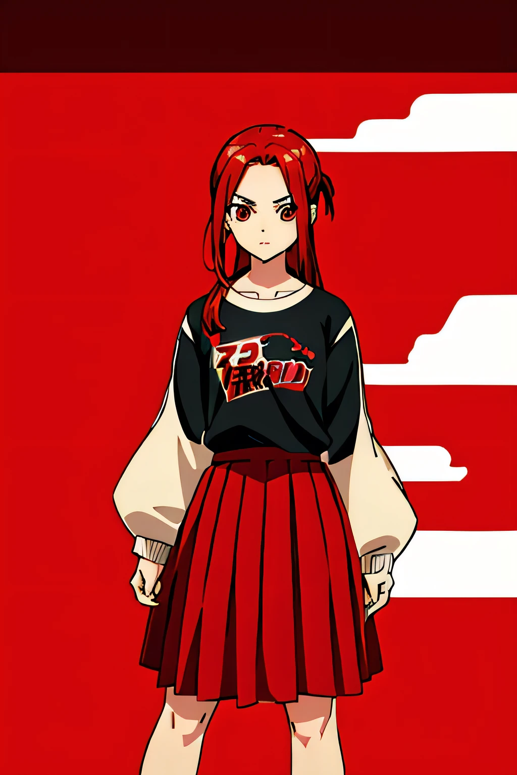 13 year old girl from a shonen anime,retro  clothes, red hair, red eyes, a black mark ink on the left cheek, blanco long sleeves shirt, red long skirt