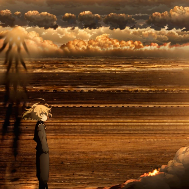 girl, Blonde hair back [(Brown coat) + (Black shoes) + (Dark brown trousers) + (Black paws) + (Brown military hat) + (Red star: 0.9)], Golden light and shadow, Desert war background, Sandstorm, Wind gusts dynamics, Bright sunlight dim background light, Full of wild sense photography angle.