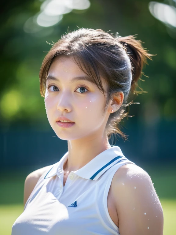 absurd, masterpiece, best quality, realistic, hyper-detailed, (shiny skin, sweaty:1.4), looking at viewer, slender, 1girl, solo, tennis wear, white polo shirt, white sneakers, white miniskirt, small breasts, (thick thighs:0.4), dynamic lighting, high resolution, sharp focus, depth of field, ponytail, black hair, blue eyes、Large Breasts、