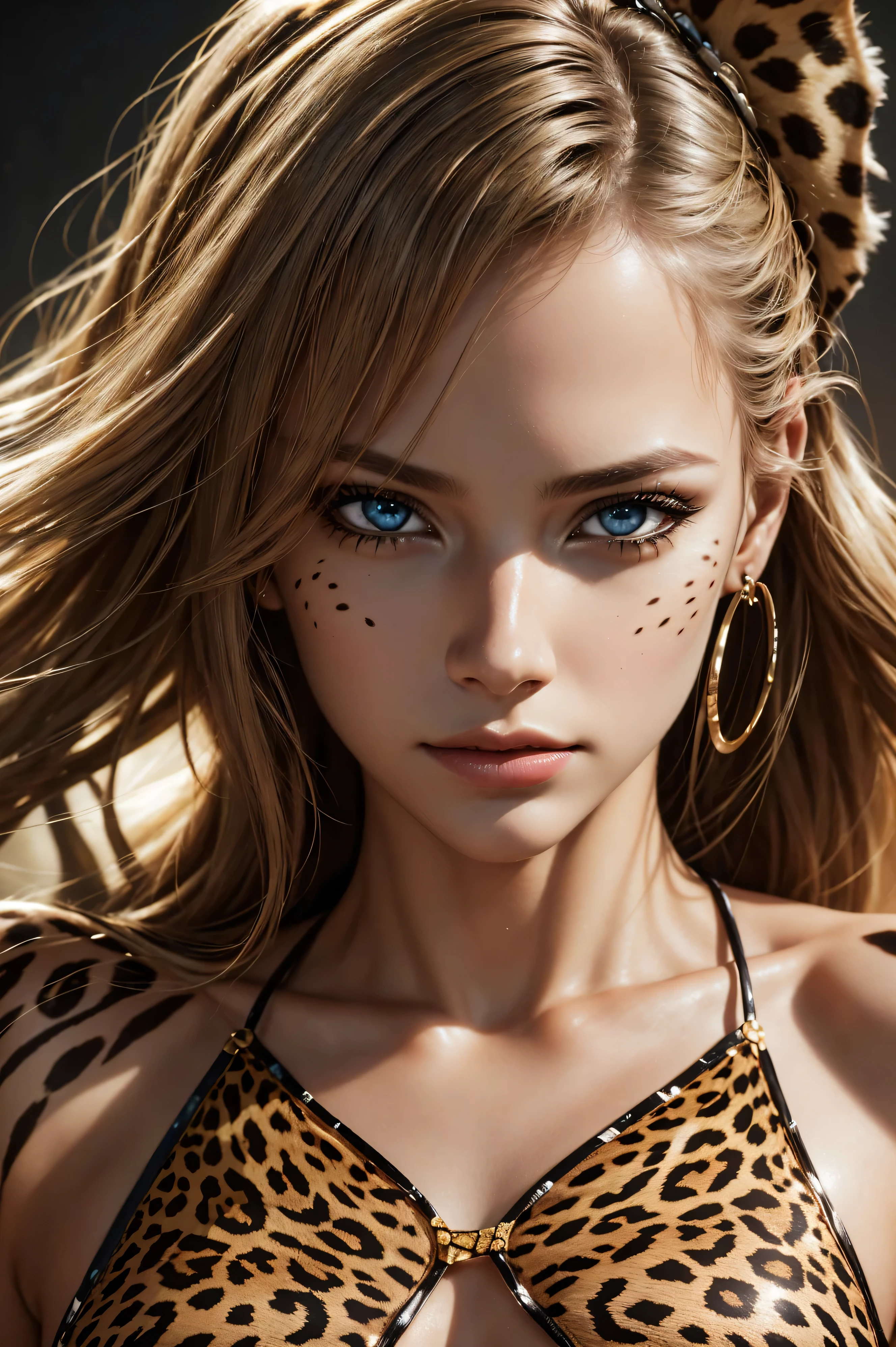 Makenzie Leigh, wearing cheetah costume transparent. professionally retouched, soft lighting, realistic, smooth face, perfect eyes, sharp focus on eyes, 8 k, high definition, insanely detailed, intricate, elegant. against the background of the savanna.