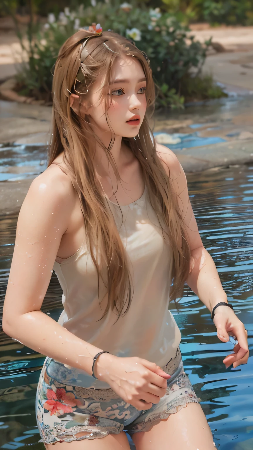 there is a woman standing in the water with a flower on her head, natural skin tone 4k textures, realistic water, photorealistic skin tone, realistic water sharp focus, ultra detailed water, realistic textured skin, photorealistic skin texture, heavy gesture style closeup, wet flowing hair, realistic skin color, realistic skin shader, realistic skin texture, semi - realistic render