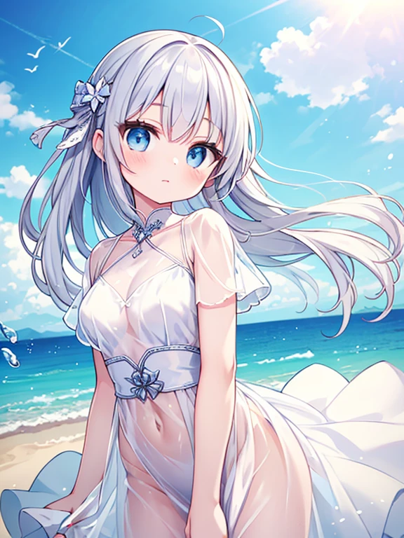 (masterpiece:1.4), (highest quality:1.4),Cute beautiful girl、Cute beautiful eyes、 (Perfect Face)、very cute、(((A short, see-through, white dress)))、The wind flipped my dress up to my waist、Rear-facing subject、