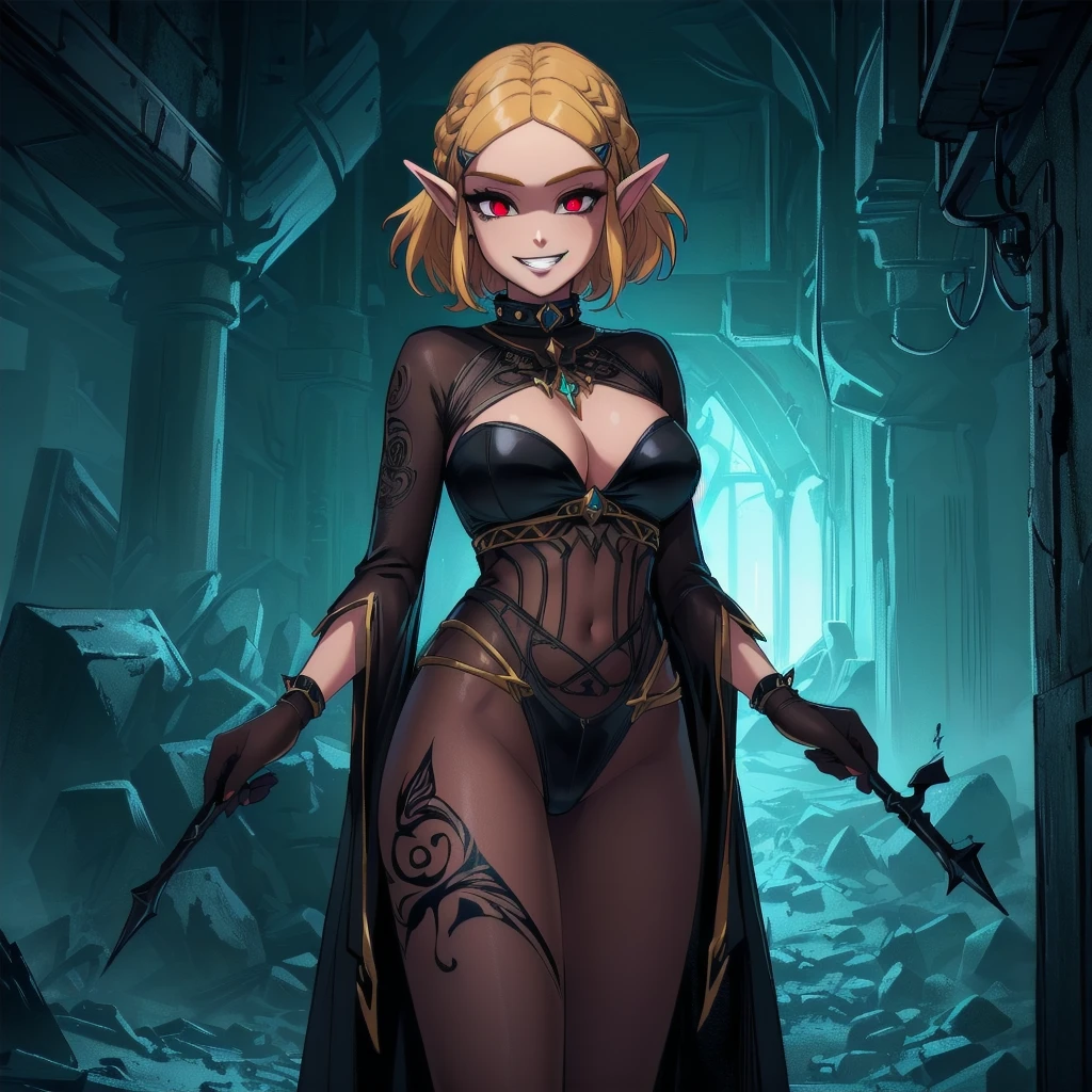 (zelda totk reimagined as a corrupted dark queen by ganon )+++, sfw++,masterpiece, best quality, high quality, illustration, film grain,(perfect female )++, beautiful detailed eyes, (symbol of evil:1.2), zelda, lascivious woman, (evil smile:1.1), (villain, dark hero2), (perfect female proportions:1.1), (seductive eyes:1.2), eyeliner, mascara, sexy makeu(seductive smile:1.2), (mature woman:asterpiece, best quality, high quality, illustration, film grain, 1girl, (glowing evil red eyes), evil grin, crazy eyes, (high resolution, masterpiece, ultra best quality, insanely amazing hyper fine extremely detailed, official:1.4) dark heroine anime girl hort hair in a dark and evil place, extremely detailed artgerm, (official:1.4), dynamic composition, (solo girl:1.4), {sfw}, masterpiece, ultra-detailed, iconic attack, dominatrix, spiked collargdom, bad end, 1girl, solo female, solo focus, mature female, standing, full body,ng at viewer, dark zelda totk, dark queen, evil, corruption, contrapposto, mind break, blond hair, (short hair:1,5), evil smile, lips, eyelashes, evil grin, dark aura, thigh_clothes, ,alternate costume, bdsm, (intricate details:1.12), (intricattails, hyperdetailed:1.15), hdr, dungeon, (at night:1.2), fireplace, warm light, dramatic light, cinematic,creepy dungeon, dark aesthetic, goth aesthetic, creepy, ominous background, dark atmosphere, death atmosphere, green and red atmosphere, evil dungeon background, gothique, faint darkness, ((red glow crotch tattoo)),