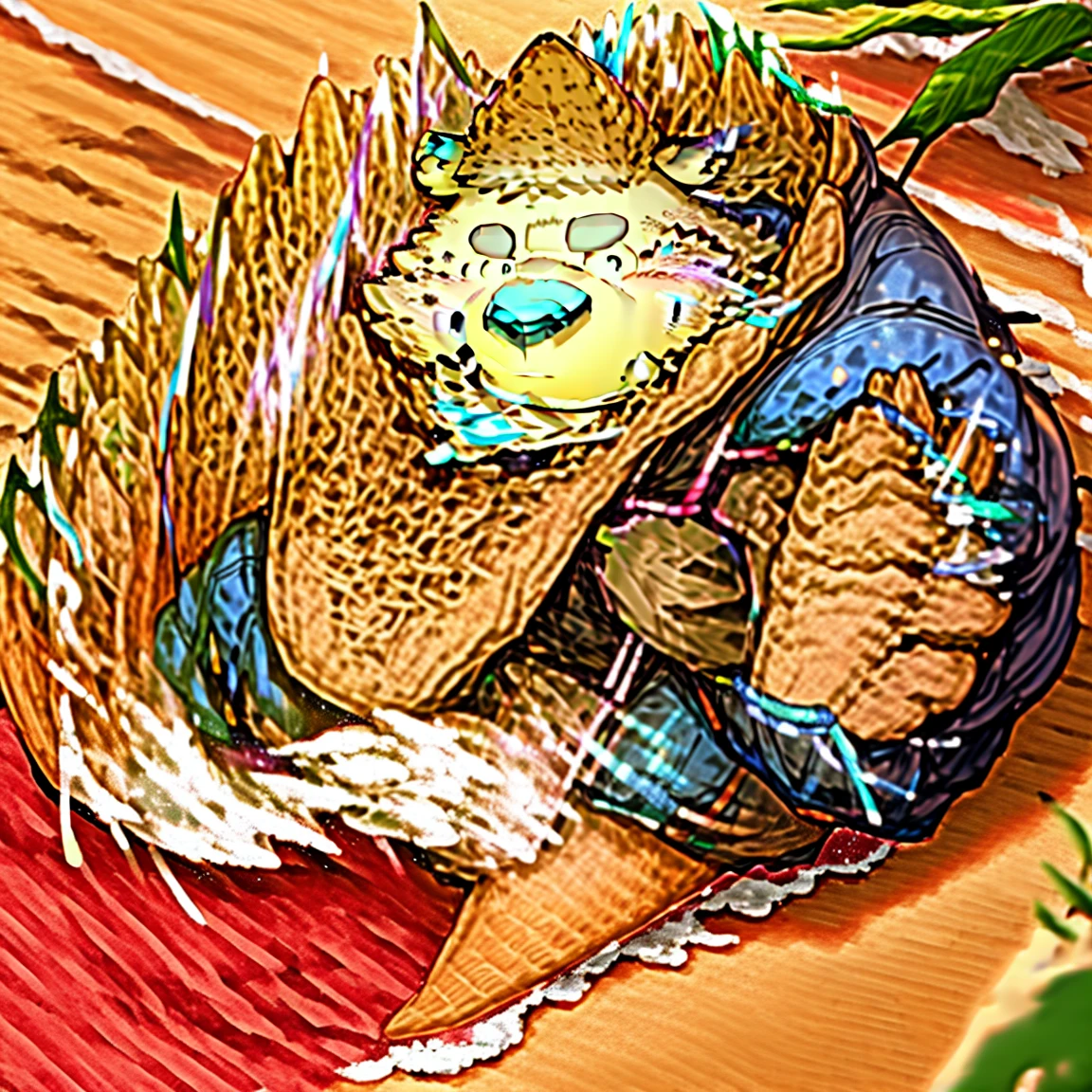 masterpiece, alone, (young man), (fat), (male rhino), hairy, hoodie, fur, male, strong, mature male, detailed eyes, background beach, inspired by Takemoto