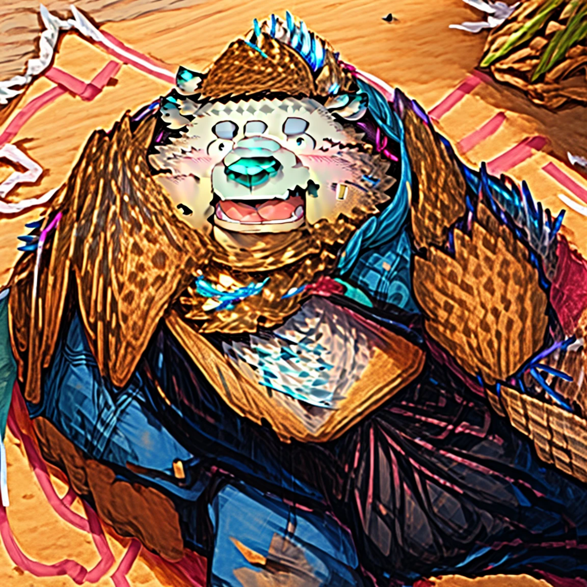 masterpiece, alone, (young man), (fat), (male rhino), hairy, hoodie, fur, male, strong, mature male, detailed eyes, background beach, inspired by Takemoto