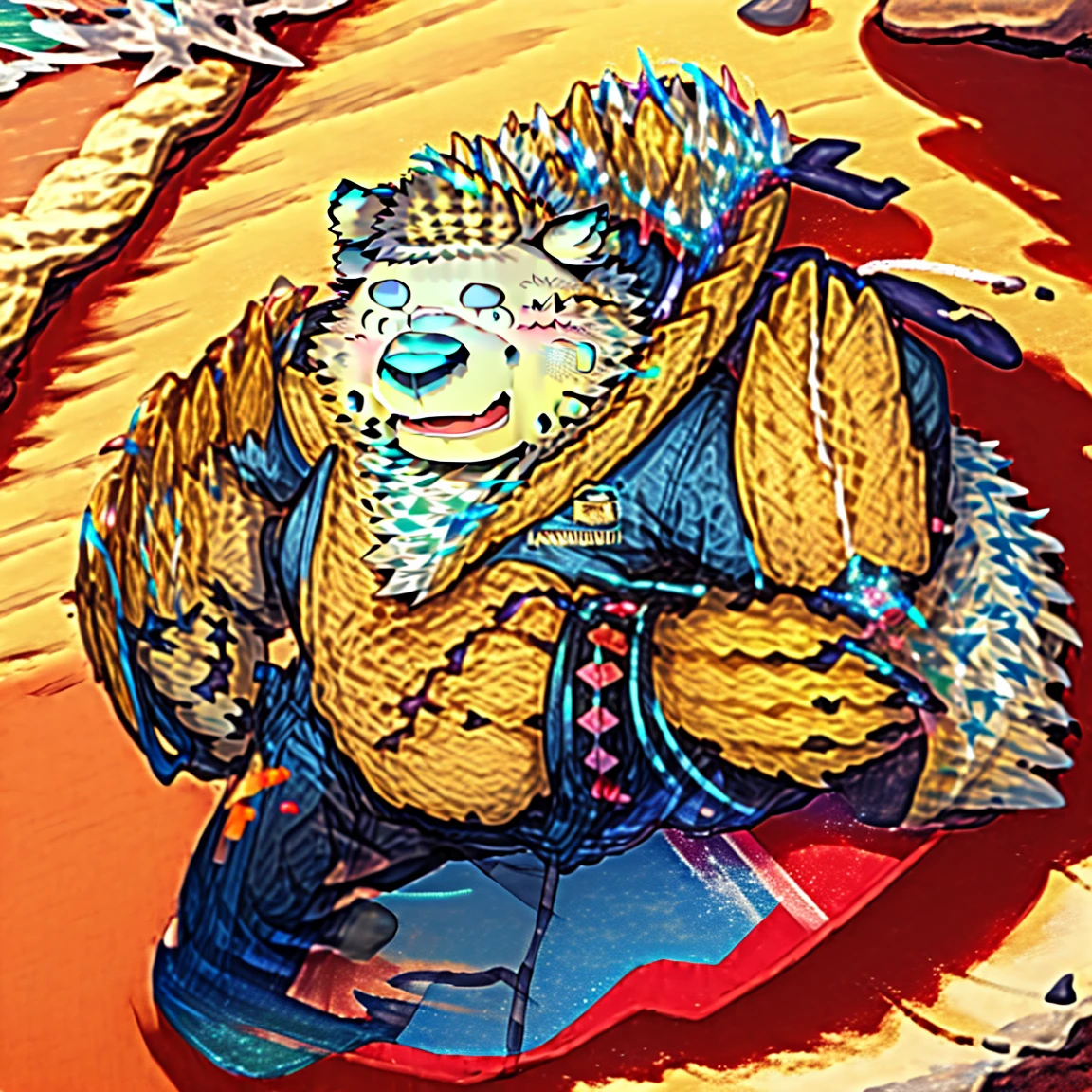 masterpiece, alone, (young man), (fat), (male rhino), hairy, hoodie, fur, male, strong, mature male, detailed eyes, background beach, inspired by Takemoto