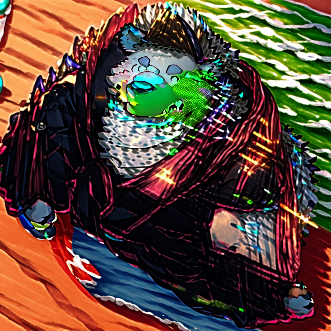 masterpiece, alone, (young man), (fat), (male rhino), hairy, hoodie, fur, male, strong, mature male, detailed eyes, background beach, inspired by Takemoto