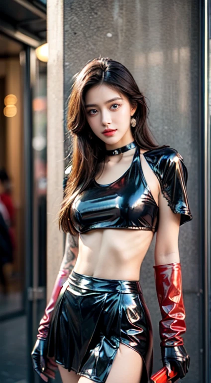 ((Masterpiece:1.4)、(Highest quality:1.4)、(realistic:1.7))、Masterpiece:1.4、(The best rendering:1.4)、(Female SWAT Team Member, 73rd Division, Space Federation.:1.4)、It's so beautiful.捜査官、(Written by Luis Royo:1.4)、(Hold the gun.:1.2)、Sexy, form-fitting uniforms、(Luxurious shiny latex:1.4)、(Navy blue sleeveless uniform jacket)、(Sexy white bra, super sexy bikini)、(luxurious red latex:1.4)、(Red pleated mini skirt:1.4)、22 years old、(Cute tattoos:1.4)、(Wear white gloves.)、cute young woman、It's so beautiful.、Sharp focus、portrait photography、(Perfect female body:1.4)、perfect proportions、(Upper body photography:1.4)、Beautiful face、Looks fearless.、beautiful eyes、small waist、(Beautiful girl with long legs and style:1.4)、Beautiful feet、(long hair:1.2)、Beautiful breasts、big breasts:1.2、sexy butt、(Stand facing the front.:1.4)、raw photos、red lips、red high heels:1.4、choker:1.4、necklace:1.4、earring:1.4、1 display、Beautiful night view of Cyberpunk city.:1.2

