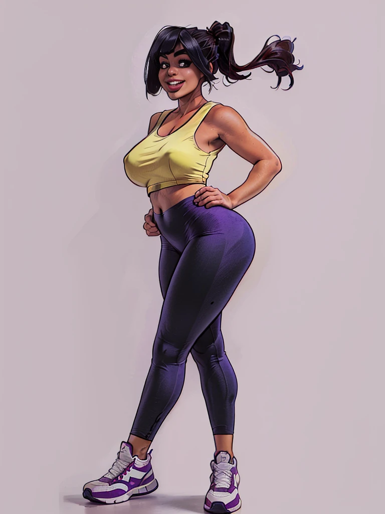 girl, black hair, black eyes, ponytail, bangs, curvy figure, smile, red lips, violet yoga pants, yellow tank top, standing, navel, big bust, sneakers, simple background, white background, view frontal, wide shot, 16k, 8k, 4K, HD, 1080P, best quality, highres, high quality, high details, anatomically correct, super detail