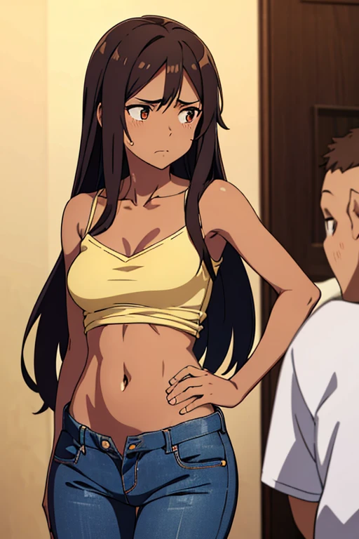 ((best quality)), ((masterpiece)), (detailed), perfect face, brown skin anime girl in a deep V Neck top, (bare shoulders), (jeans trousers), famished in hunger, (gently resting hands on stomach), (long hair), (hands on her stomach), (embarrassed expression)