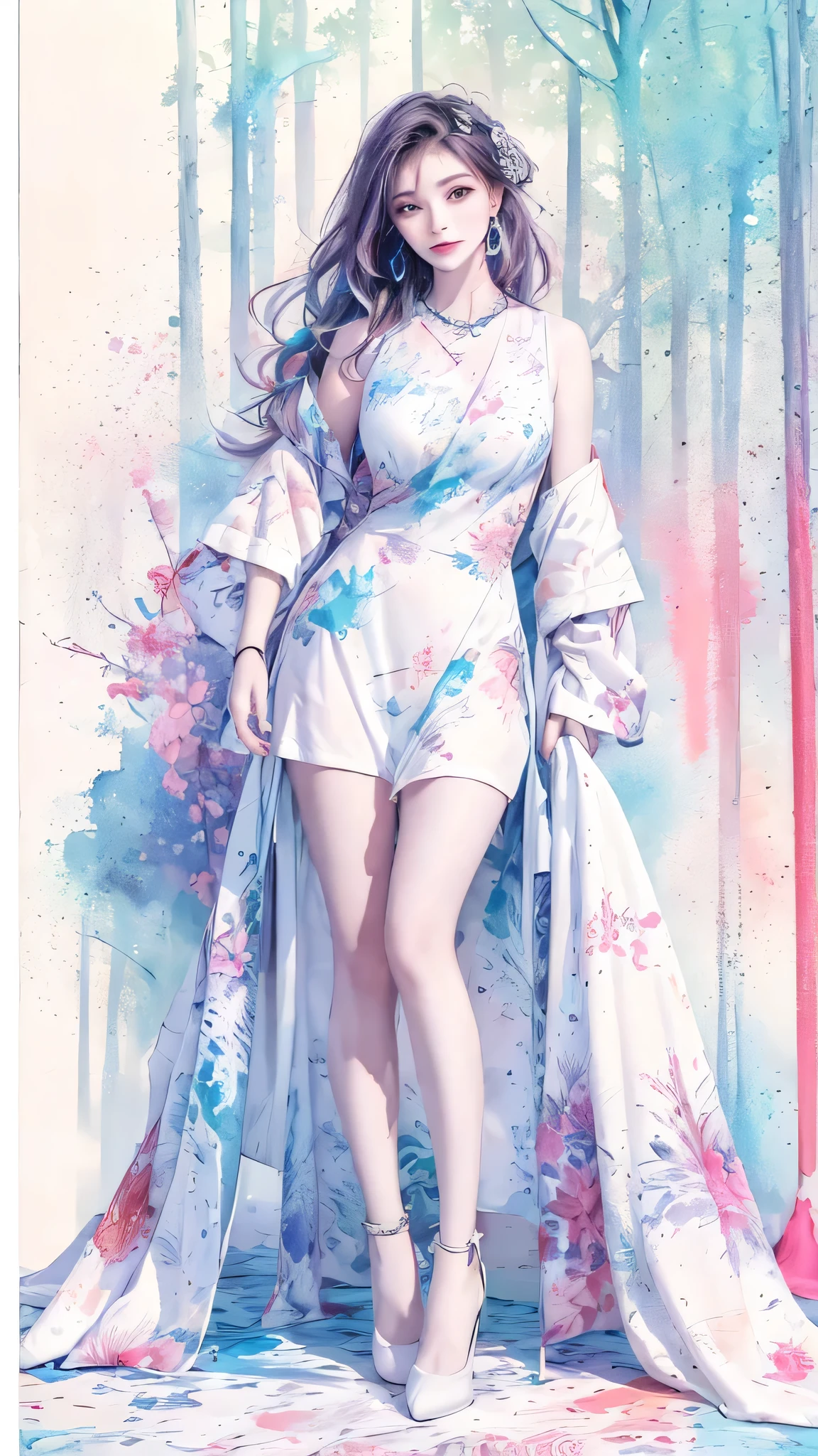 (highest quality), (masterpiece: 1.2), (colorful: 0.9), ((ink splash)), (color splashing), (((watercolor)))), clear focus, model shot, full body,
(Summer Portrait Goddess: 1.5), cute look, elegant white colored hair, beautiful detailed face and eyes, elegant goddess clothes, ((Summer forest background)),
Colored Water, Forest,(((watercolor))))