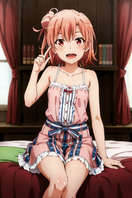 ((highest quality)), ((masterpiece)), (be familiar with), Perfect Face, indoor, Bedroom, Watching the audience,
One woman, Yuigahama Yui,
Open Mouth, Ecstatic expression, blush, smile,
Small breasts, Flat Chest, Young Girl, , , Girl,
Short Hair, Salmon-colored hair, Salmon-colored eyes, Side Pony,
Leg spread,