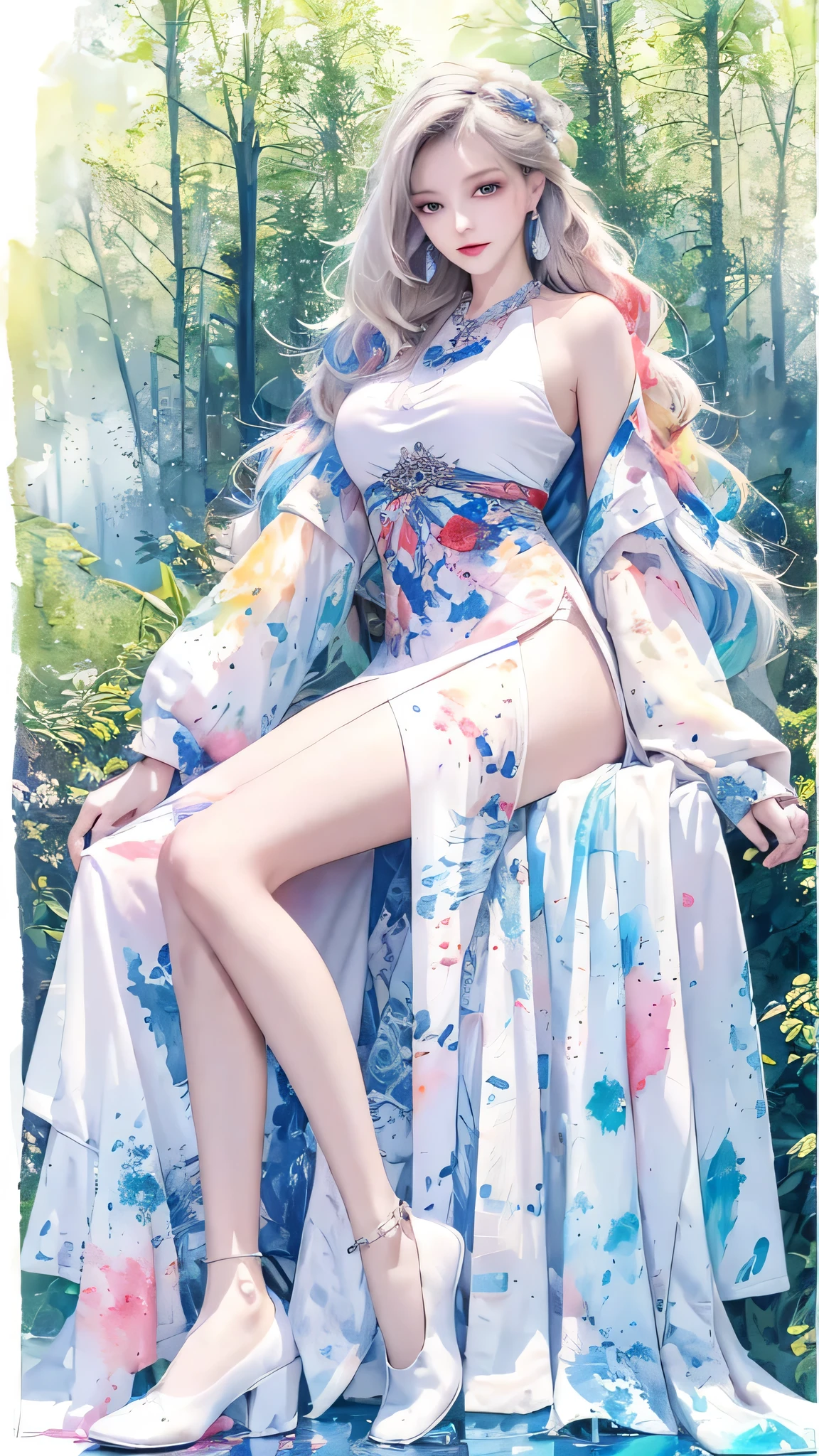 (highest quality), (masterpiece: 1.2), (colorful: 0.9), ((ink splash)), (color splashing), (((watercolor)))), clear focus, model shot, full body,
(Summer Portrait Goddess: 1.5), cute look, elegant white colored hair, beautiful detailed face and eyes, elegant goddess clothes, ((Summer forest background)),
Colored Water, Forest,(((watercolor))))