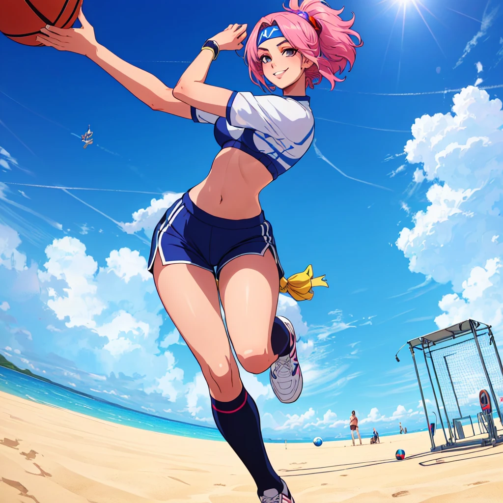 imagined a girl in extreme sport outfit playing to a flying disc game in a beach arena game sport, masterpiece, ultra-detailed, 80's anime (style), 2D, megapixel, perfectionism, full HD , 4K, (windjammers), windjammers sport game, windjammers 2 (((((solo mature anime woman,)))))++++++++++++++++++, looking at viewer, full body, brown hair and pink hair, short hair, weird hair, smile, lips, eyelashes, medium breasts, gym uniform, uniform, gym shorts, headband, sports bra, elbow pad, knee pad, extreme sports outfit 80's theme, beach background, playing flying disc game on a beach court game, sea, sun in the sky, sports wear