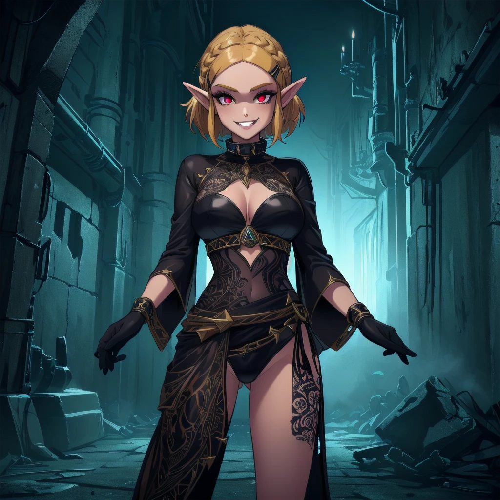 (zelda totk reimagined as a corrupted dark queen by ganon )+++, sfw++,masterpiece, best quality, high quality, illustration, film grain,(perfect female )++, beautiful detailed eyes, (symbol of evil:1.2),milf zelda, lascivious woman, (evil smile:1.1), (villain, dark heroine:1.2), (perfect female proportions:1.1), (seductive eyes:1.2), eyeliner, mascara, sexy makeup, (seductive smile:1.2), (mature woman:1.4),masterpiece, best quality, high quality, illustration, film grain, 1girl, (glowing evil red eyes), evil grin, crazy eyes, (high resolution, masterpiece, ultra best quality, insanely amazing hyper fine extremely detailed, official:1.4) dark heroine anime girl with short hair in a dark and evil place, extremely detailed artgerm, (official:1.4), dynamic composition, (solo girl:1.4), {sfw}, masterpiece, ultra-detailed, iconic attack, dominatrix, spiked collar, dark kingdom, bad end, 1girl, solo female, solo focus, mature female, standing, full body, looking at viewer, dark zelda totk, dark queen, evil, corruption, contrapposto, mind break, blond hair, (short hair:1,5), evil smile, lips, eyelashes, evil grin, dark aura, thigh_clothes, ,alternate costume, bdsm, (intricate details:1.12), (intricate details, hyperdetailed:1.15), hdr, dungeon, (at night:1.2), fireplace, warm light, dramatic light, cinematic,creepy dungeon, dark aesthetic, goth aesthetic, creepy, ominous background, dark atmosphere, death atmosphere, green and red atmosphere, evil dungeon background, gothique, faint darkness, ((red glow crotch tattoo)),