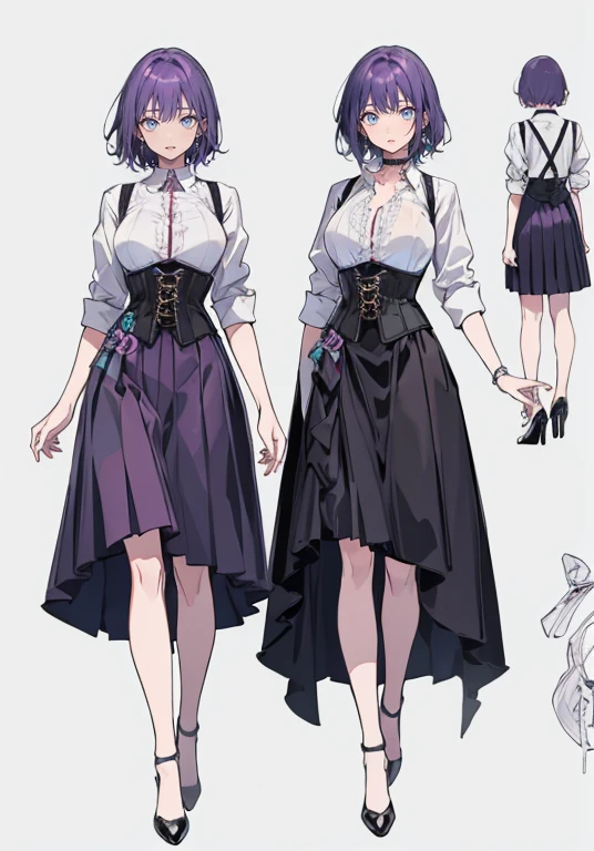 Purple hair,Short hair,Adult female,Bartender,((Body harness)),((Rolling up your sleeves shirt)),(Corset),((Skirt)),High heels,((Simple background)),Smile,((Full body)),((whole body)),Character Sheet,