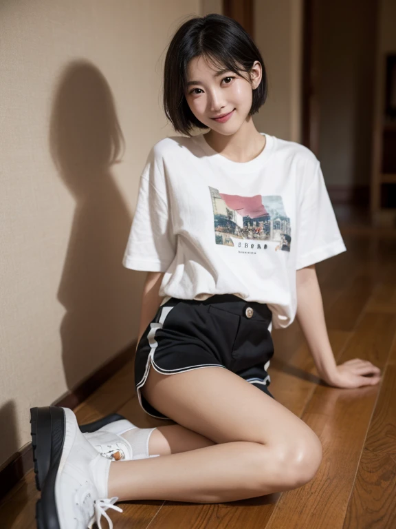 masterpiece,high quality,solo,
looking at viewer,smile,
AiKisugi,1girl,
short hair,black hair,black eyes,
shirts,
shorts,
shoes,