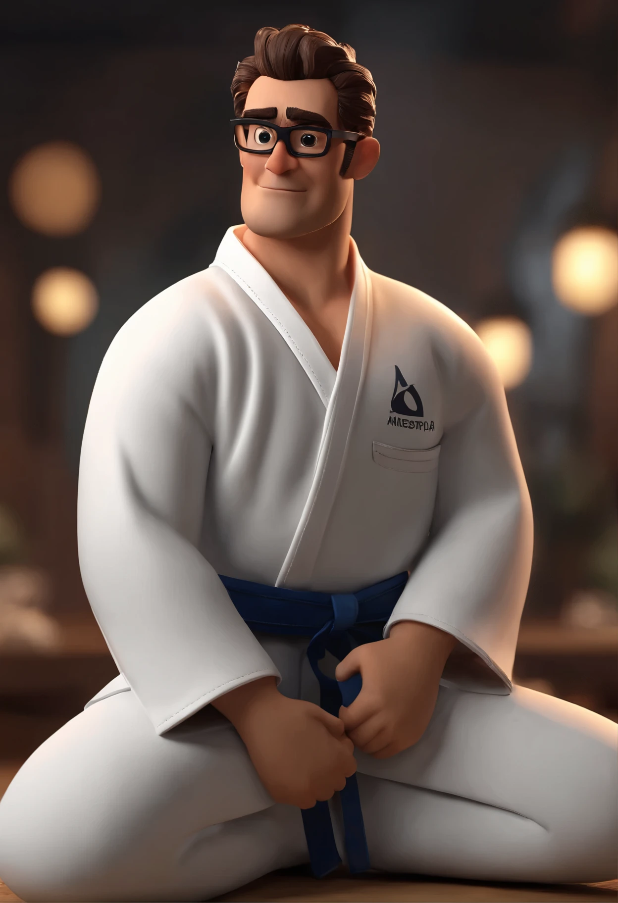 Cartoon character of a jiu jitsu fighter with black glasses wearing a white kimono, barba, animation character, Caractere estilizado, animation style rendering, 3D estilizado, Arnold Maya rendering, Stylized 3D rendering, toon render screenshot, Personagem 3D, Personagem 3D, Stylized 3D rendering, 3D character rendering, personagem de desenho animado, Personagem de close up, Pose de personagem,  (Estilo Pixar) (parte mestre:1.2) (Bokeh) (melhor qualidade) (pele detalhada) (textura detalhada) (8k) (argila) (cinematic lighting) (sharp focus