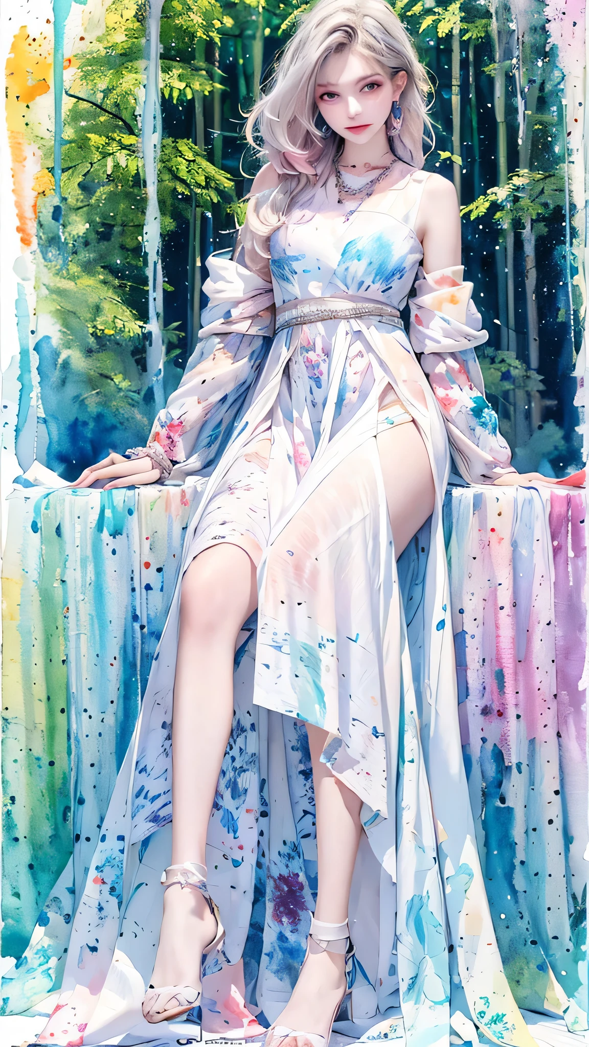(highest quality), (masterpiece: 1.2), (colorful: 0.9), ((ink splash)), (color splashing), (((watercolor)))), clear focus, model shot, full body,
(Summer Portrait Goddess: 1.5), cute look, elegant white colored hair, beautiful detailed face and eyes, elegant goddess clothes, ((Summer forest background)),
Colored Water, Forest,(((watercolor))))