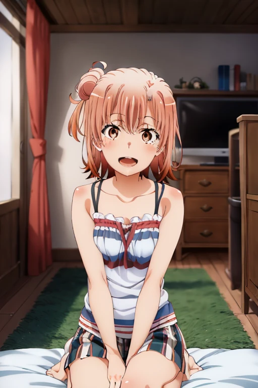 ((highest quality)), ((masterpiece)), (be familiar with), Perfect Face, indoor, Bedroom, Watching the audience,
One woman, Yuigahama Yui,
Open Mouth, Ecstatic expression, blush, smile,
Small breasts, Flat Chest, Young Girl, , , Girl,
Short Hair, Salmon-colored hair, Salmon-colored eyes, Side Pony,
Leg spread,