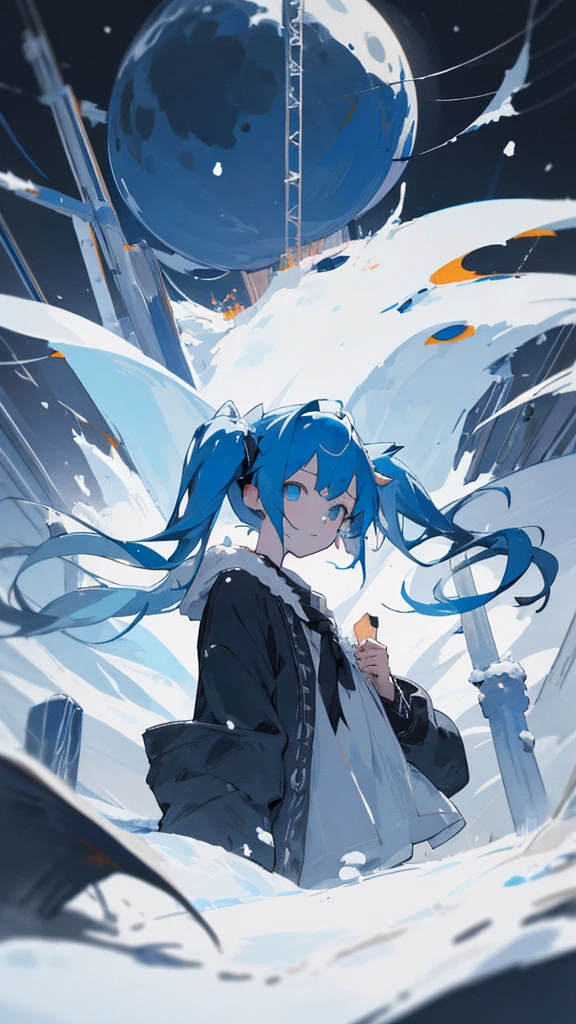 (masterpiece、highest quality)、Short nape hair、1 girl ,Black cardigan、Grim expression、hatsunemiku,Warm lighting、 Blurred foreground、Deep in the night、High Contrast、Twin tails,blue gem eyes,Blue Hair,night,snowing,Heavy snowfall,winter,Alone in the vast snowy field,whole body,curse,Looking at me,Huge construction,moon,whole body
