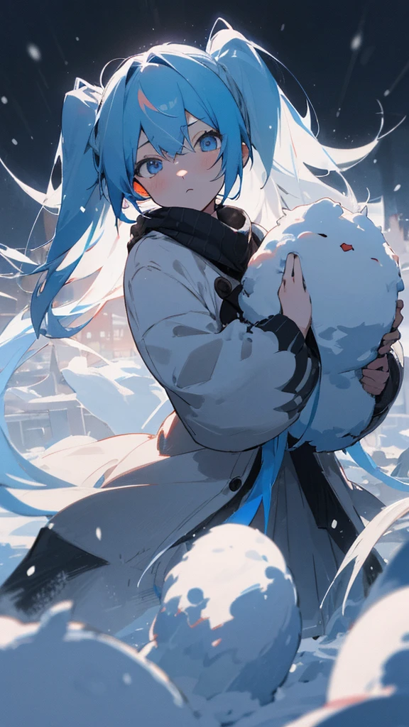 (masterpiece、highest quality)、Short nape hair、1 girl ,Black cardigan、Grim expression、hatsunemiku,Warm lighting、 Blurred foreground、Deep in the night、High Contrast、Twin tails,blue gem eyes,Blue Hair,night,snowing,Heavy snowfall,winter,Alone in the vast snowy field,whole body,curse,Looking at me,Huge construction,moon,whole body