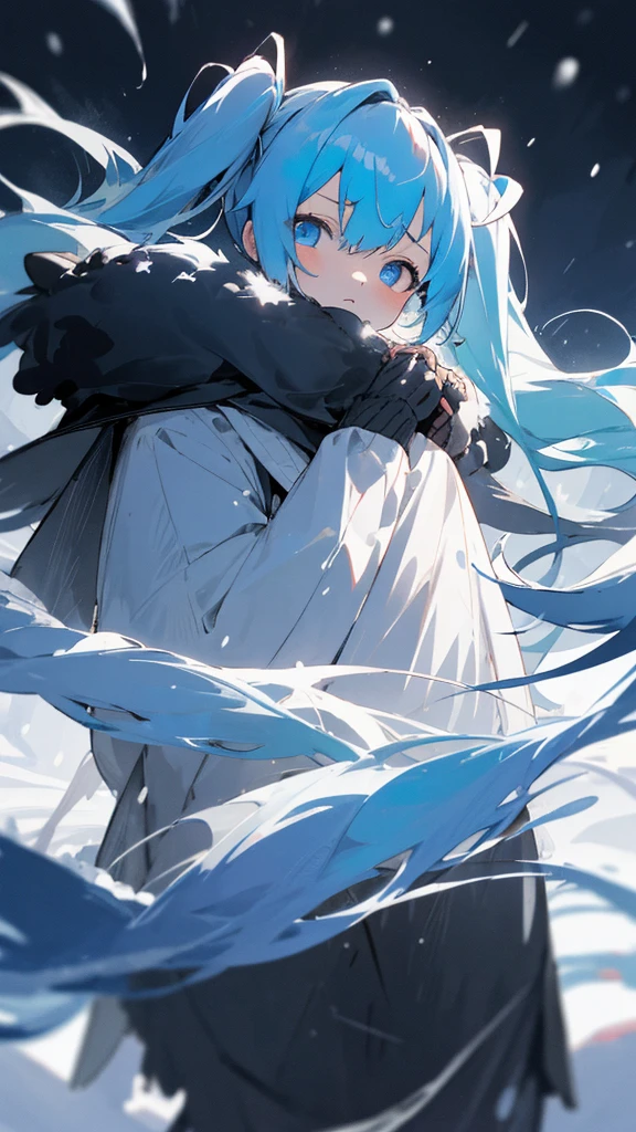 (masterpiece、highest quality)、Short nape hair、1 girl ,Black cardigan、Grim expression、hatsunemiku,Warm lighting、 Blurred foreground、Deep in the night、High Contrast、Twin tails,blue gem eyes,Blue Hair,night,snowing,Heavy snowfall,winter,Alone in the vast snowy field,whole body,curse,Looking at me,Huge construction,moon,whole body