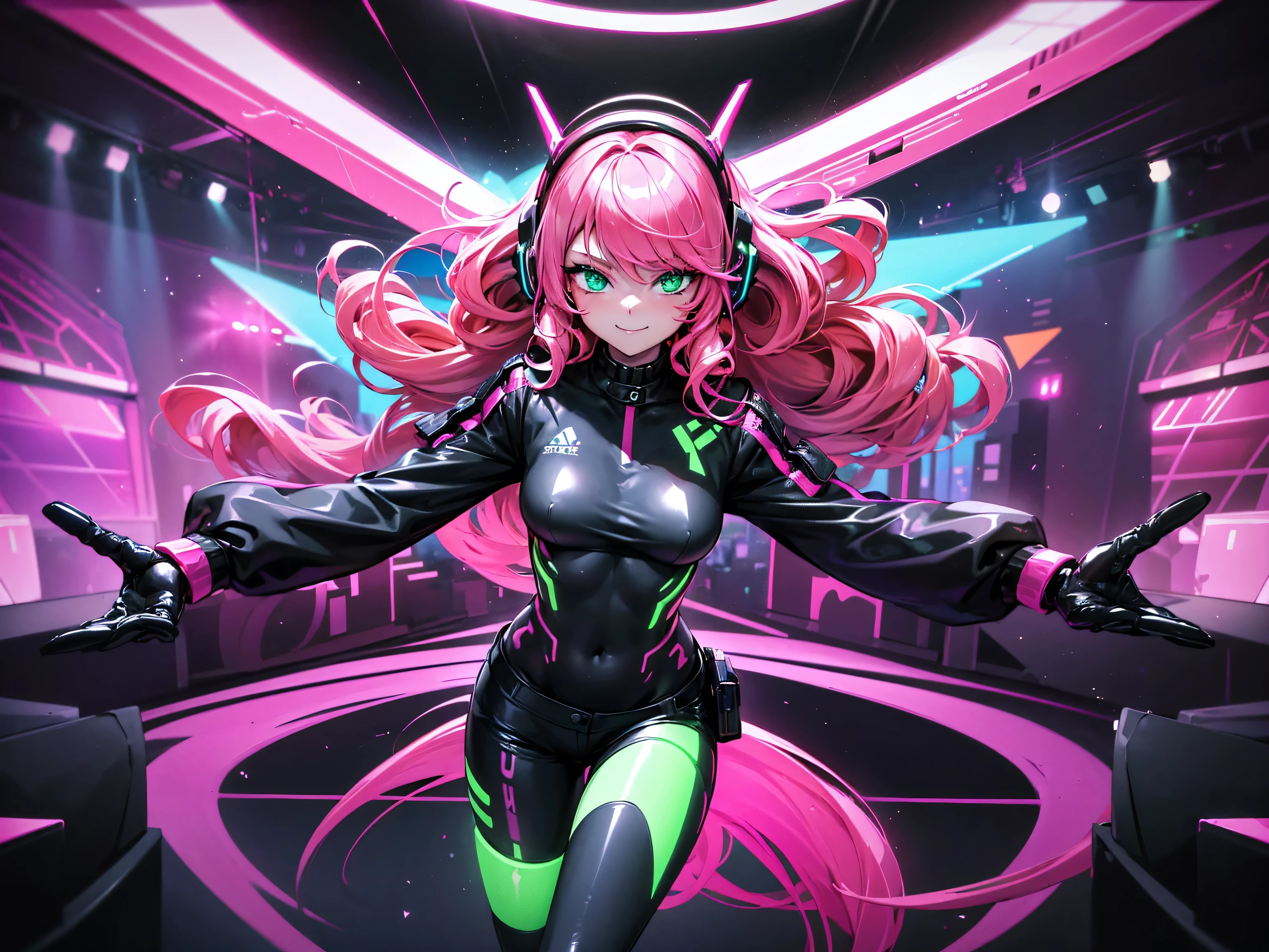 masterpiece:1.4, 1girl ((20year old, dressed in long sleeve shirt, tight black shorts, sneakers, medium breasts, multicolor pink hair, curly long hair, perfect model body, green eyes:1.4, Wearing headphones, looking up, happy, smiling, flirting, standing on a stage at a concert, dancing, neon lighting and colorful, futuristic dance club, futuristic and exciting atmosphere)) ((solo))