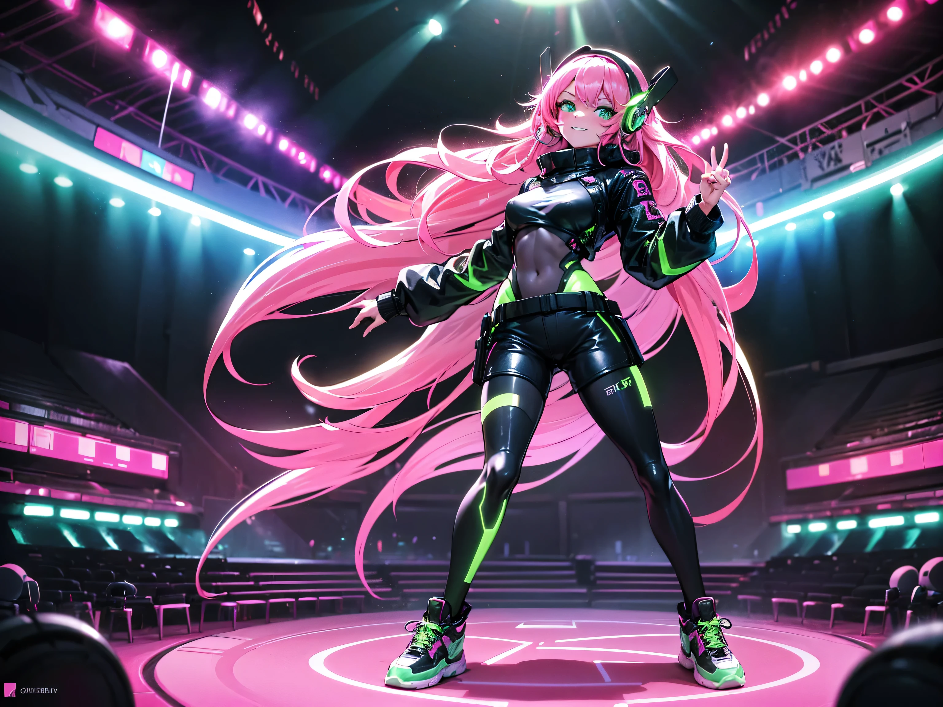 masterpiece:1.4, 1girl ((20year old, dressed in long sleeve shirt, tight black shorts, sneakers, medium breasts, multicolor pink hair, curly long hair, perfect model body, green eyes:1.4, Wearing headphones, looking up, happy, smiling, flirting, standing on a stage at a concert, dancing, neon lighting and colorful, futuristic dance club, futuristic and exciting atmosphere)) ((solo))