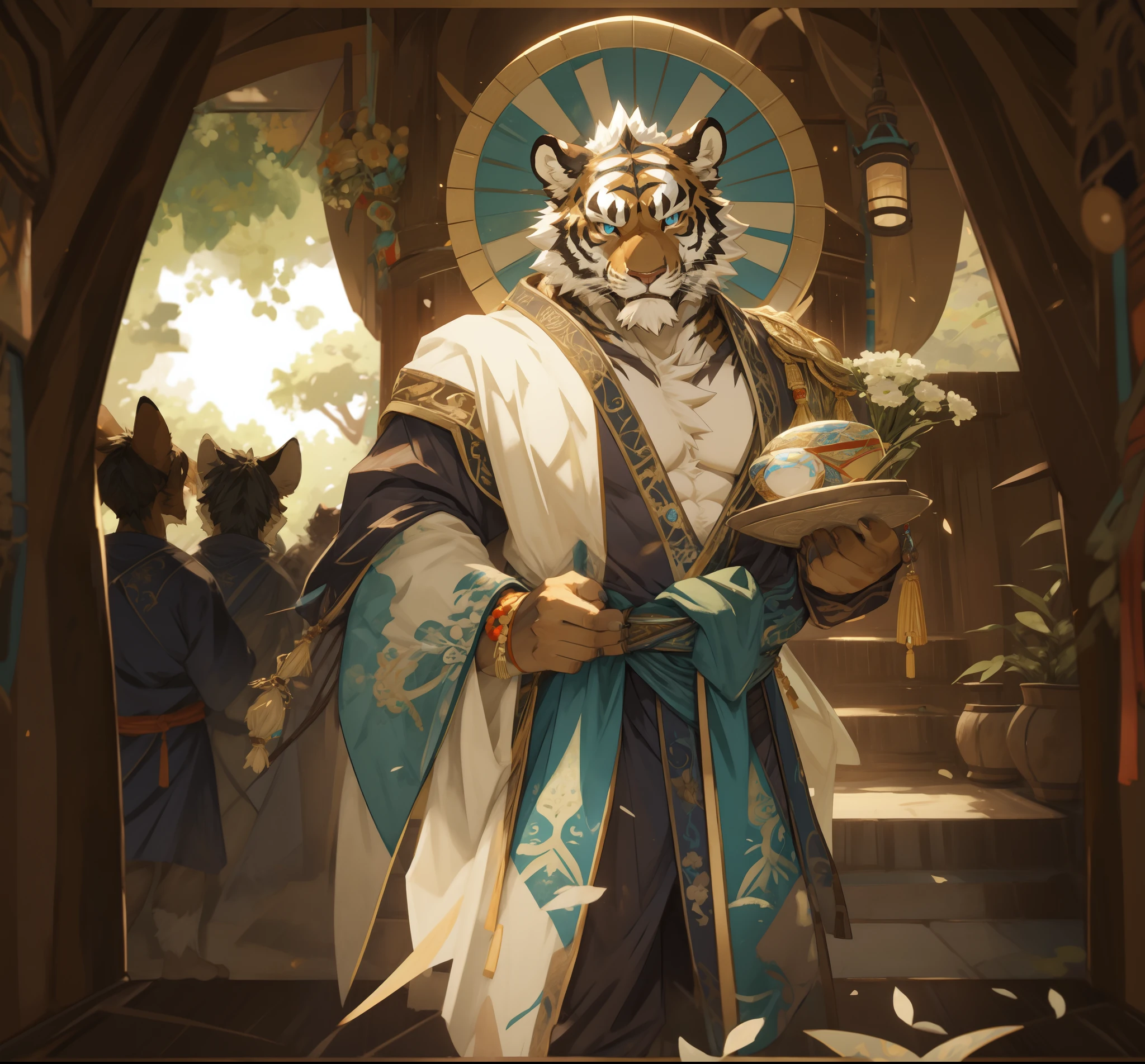 a close up of a elder tiger with a green light in its hand, onmyoji detailed art, inspired by Huang Shen, sun wukong, onmyoji, wukong, desert fighter ancient mage, heise jinyao, inspired by Du Jin, tabaxi monk, taoist priest, inspired by Hu Zaobin, inspired by Li Kan, huge crotch, veins, fluffy chest, Sexybody, muscular, anthropomorphic, extra detailed body, detailed body, Best quality, masterpiece, ultra high res,detailed background,realistic, real shadow and light, depth of field, (looking at viewer), Elder tiger.